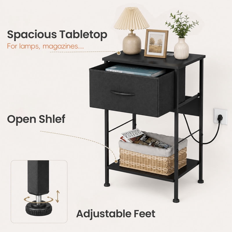 GALAXHERO Nightstand with Charging Station, Small Dresser with Drawer and Storage Shelfs for Bedroom