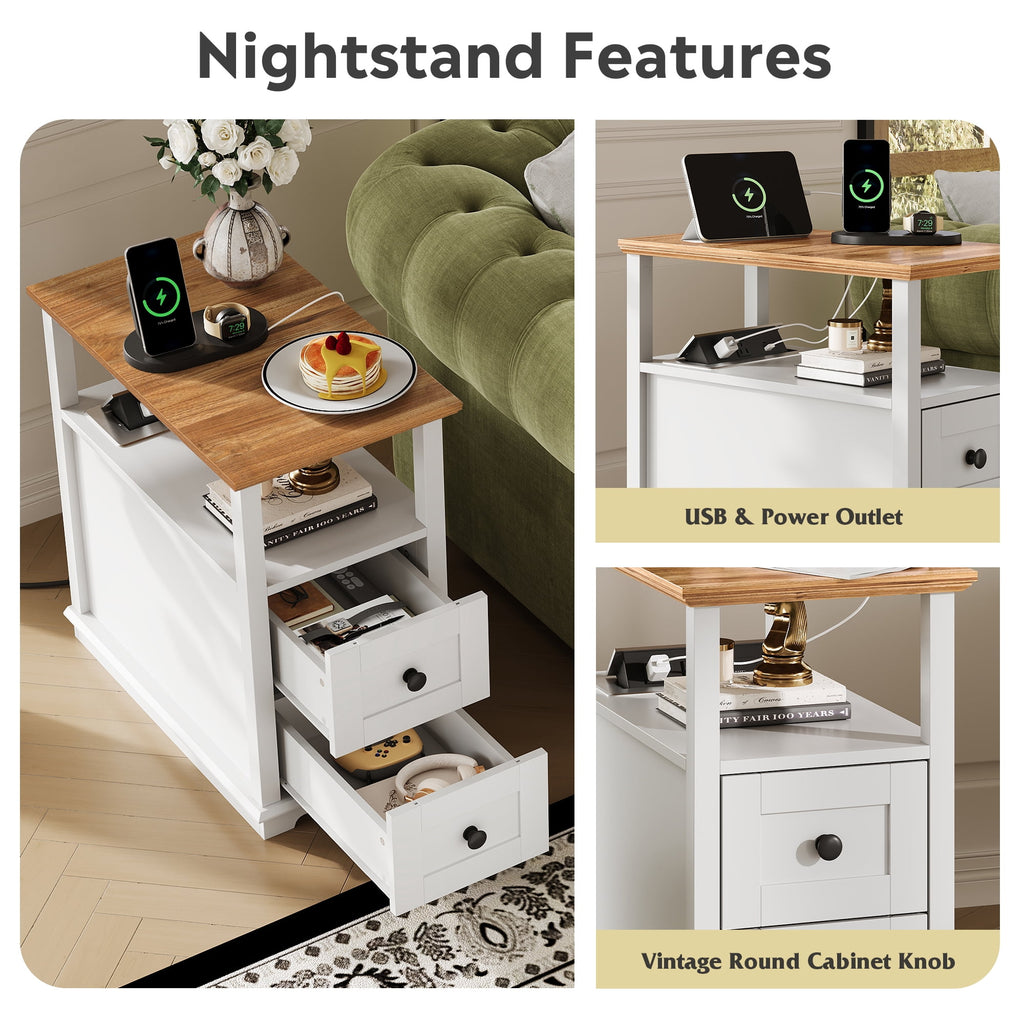 GALAXHERO Narrow Side Table with Charging Station Wooden End Table with 2 Drawers for Living Room, Bedroom, Small Space
