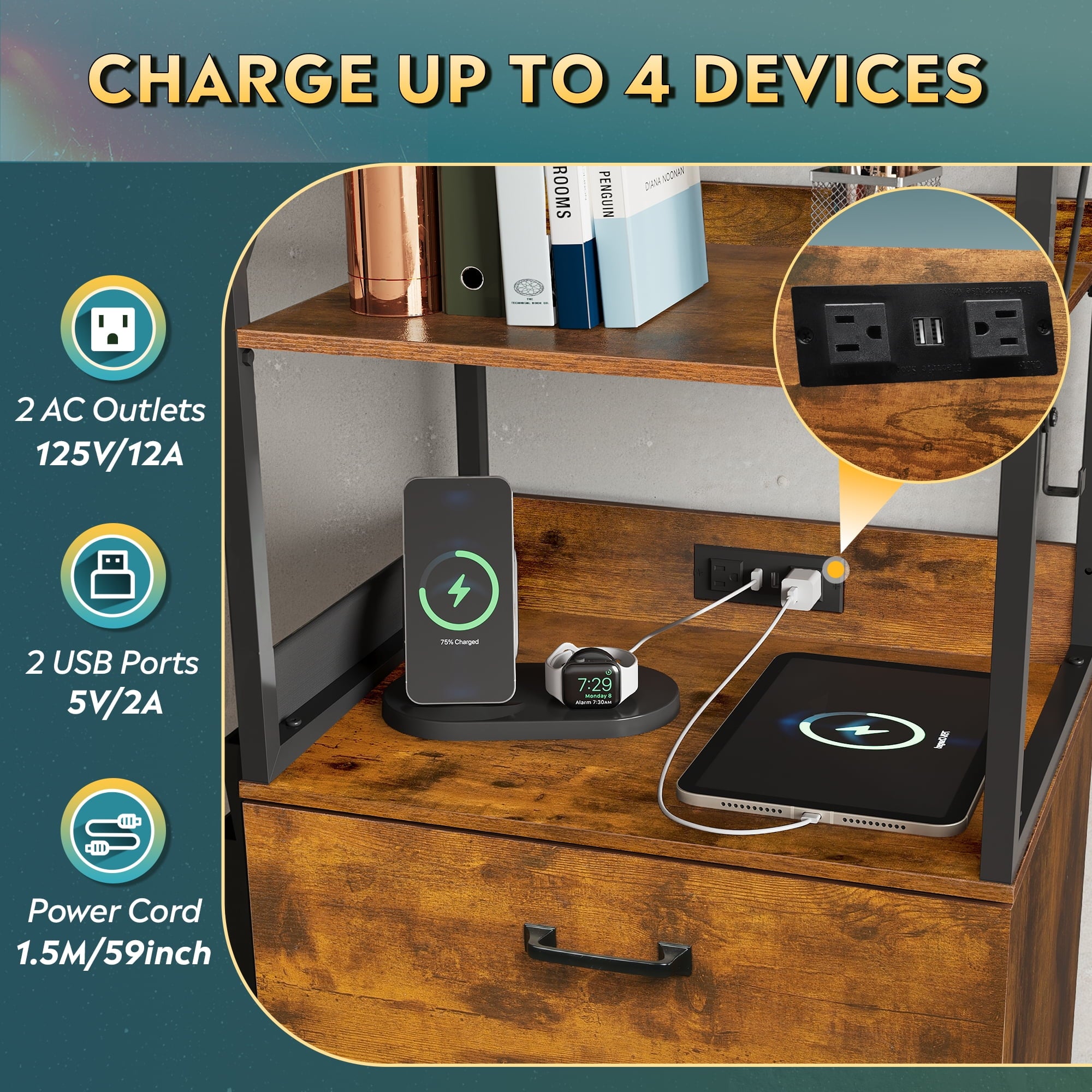 GALAXHERO 2 Drawer File Cabinet with Charging Station, Tall Vertical Filling Cabinet with Lock, Fits Letter/A4/Legal Size, Printer Stand & Adjustable Shelves for Home Office