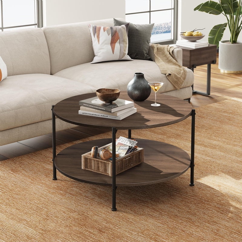 GALAXHERO Round Small Coffee Table 32.6" Side End Table with Open Storage Shelf 2-Tier Industrial Circle Wood Center Table for Living Room Bedroom