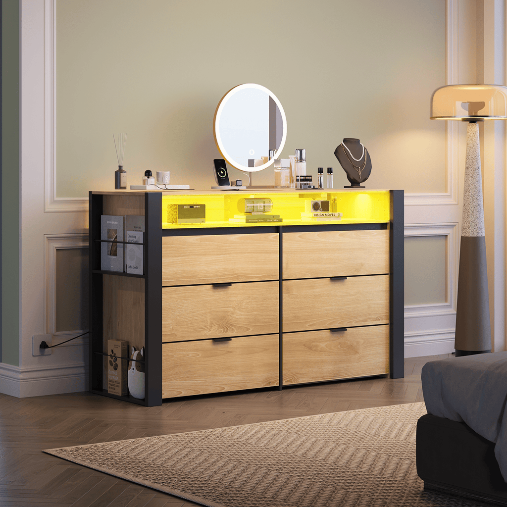 GALAXHERO 6 Drawer Dresser for Bedroom with LED Lights, Double Dresser with Charging Station, Large Wood Chest of Drawers, TV Stand for 55 inch TV for Closet, Living Room