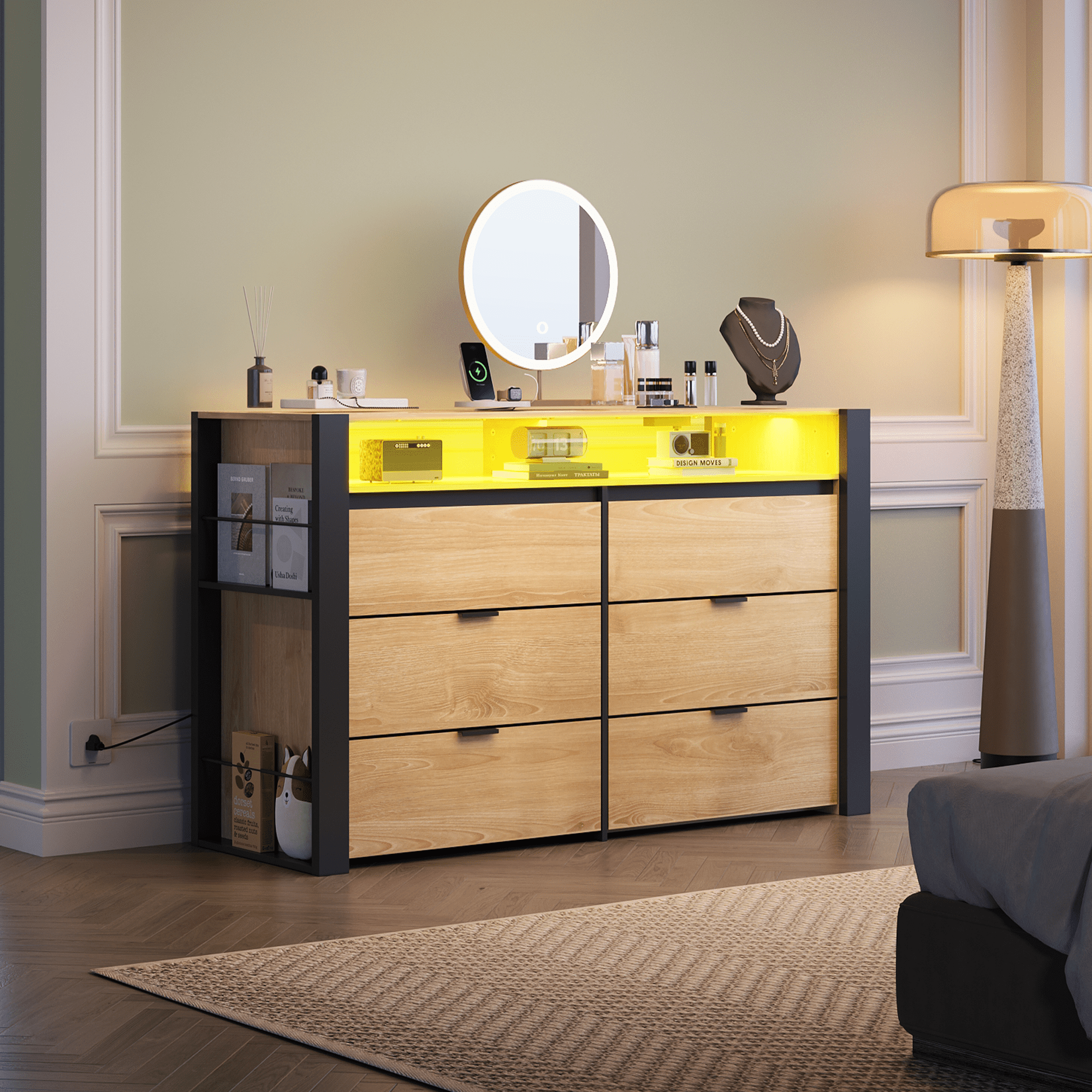 GALAXHERO 6 Drawer Dresser for Bedroom with LED Lights, Double Dresser with Charging Station, Large Wood Chest of Drawers, TV Stand for 55 inch TV for Closet, Living Room
