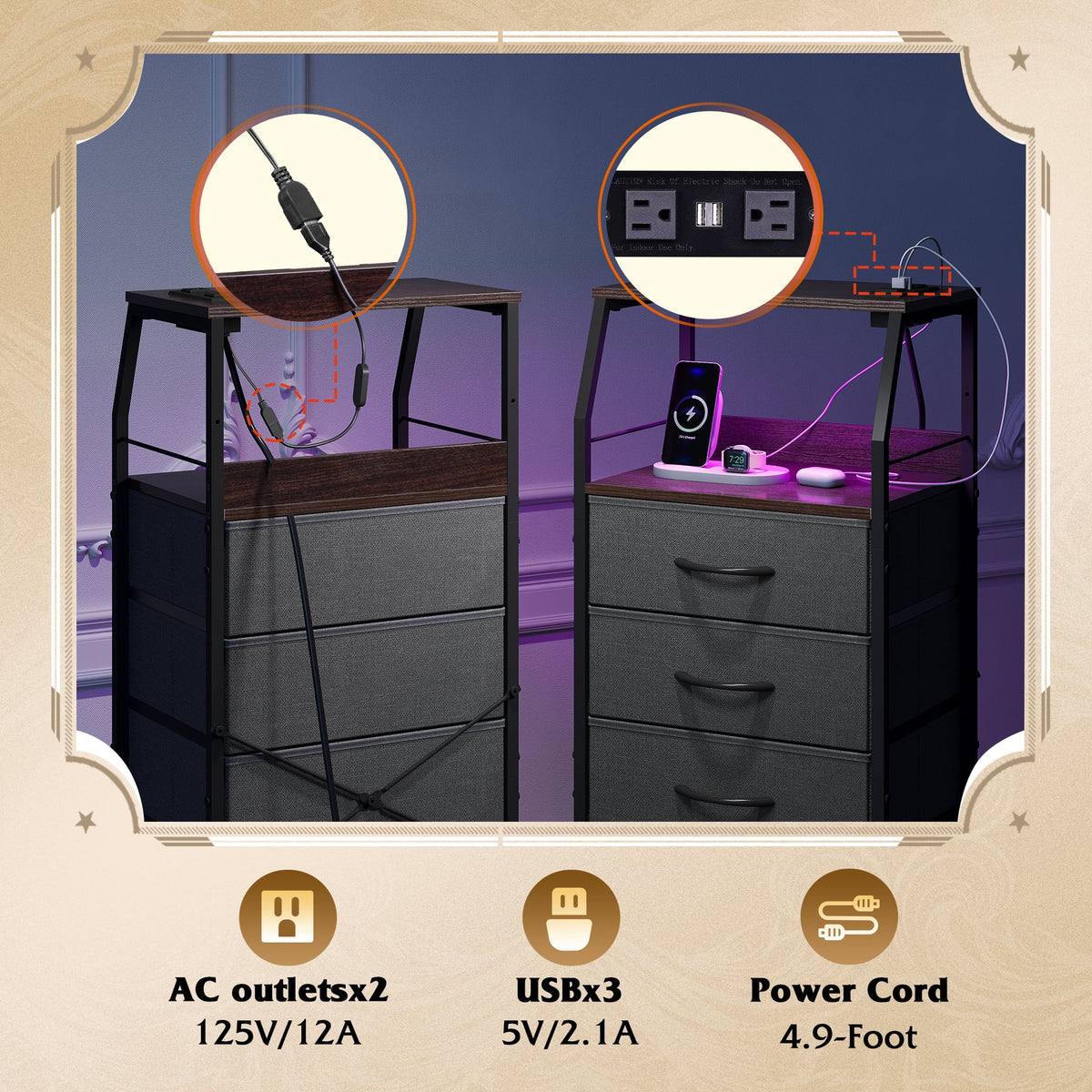 GALAXHERO 4 Drawer Dresser for Bedroom, Nightstand with Charging Station and LED, Tall Bedside Table with Storage Shelfs