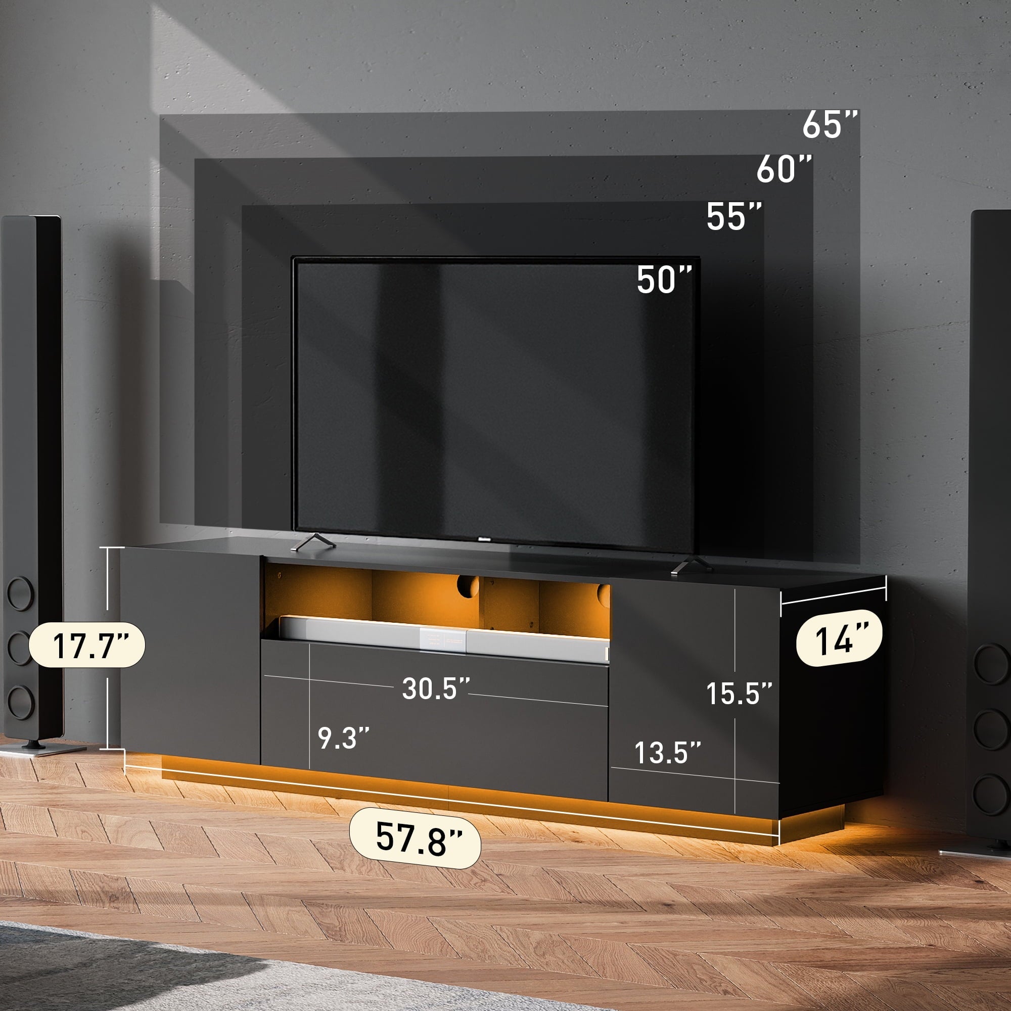 GALAXHERO TV Stand for 50-65 Inch TVs, 65" Entertainment Center with LED Lights, Modern TV Console with Storage Cabinet for Living Room & Bedroom, White