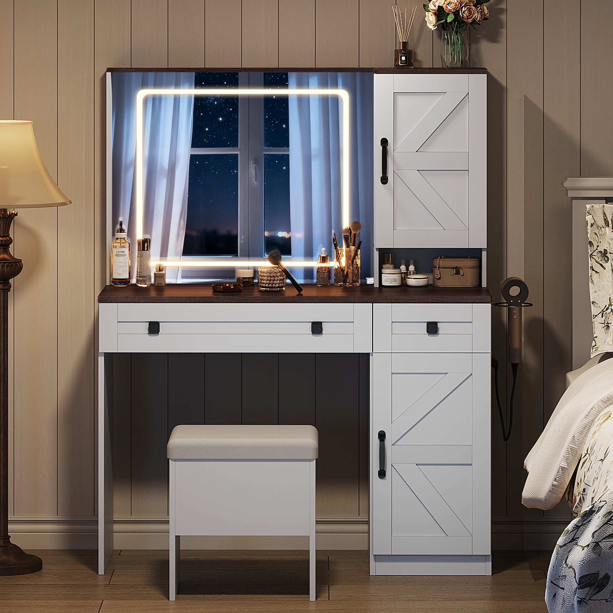 GALAXHERO Farmhouse Vanity Desk, Makeup Table Set with Mirror and Lights, Dressing Table with 2 Drawers and 2 Cabinets, Hair Dryer Holder for Bedroom
