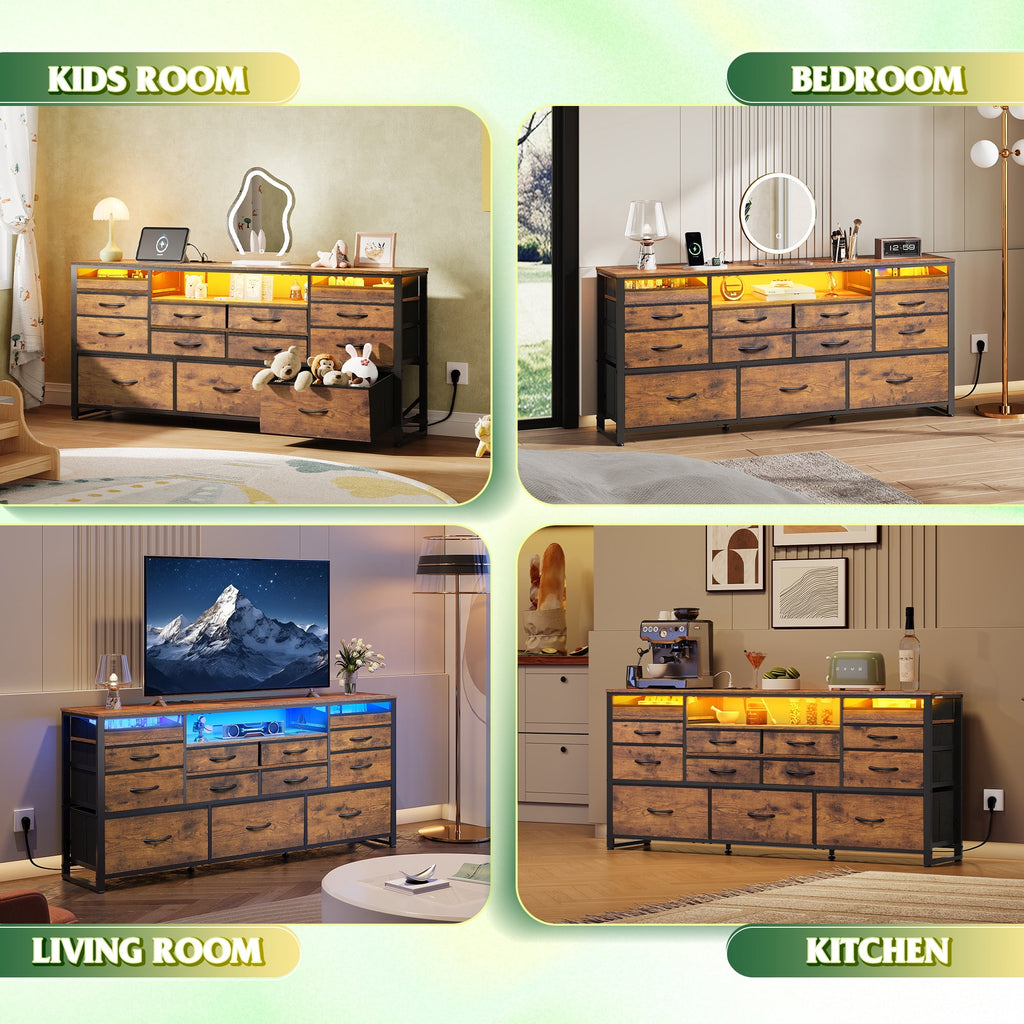 GALAXHERO 13 Drawers Dresser for Bedroom, TV Stand for 65'' TV with LED Lights, Entertainment Center with Charging Station, Fabric Chest of Drawers for Living Room, Entryway