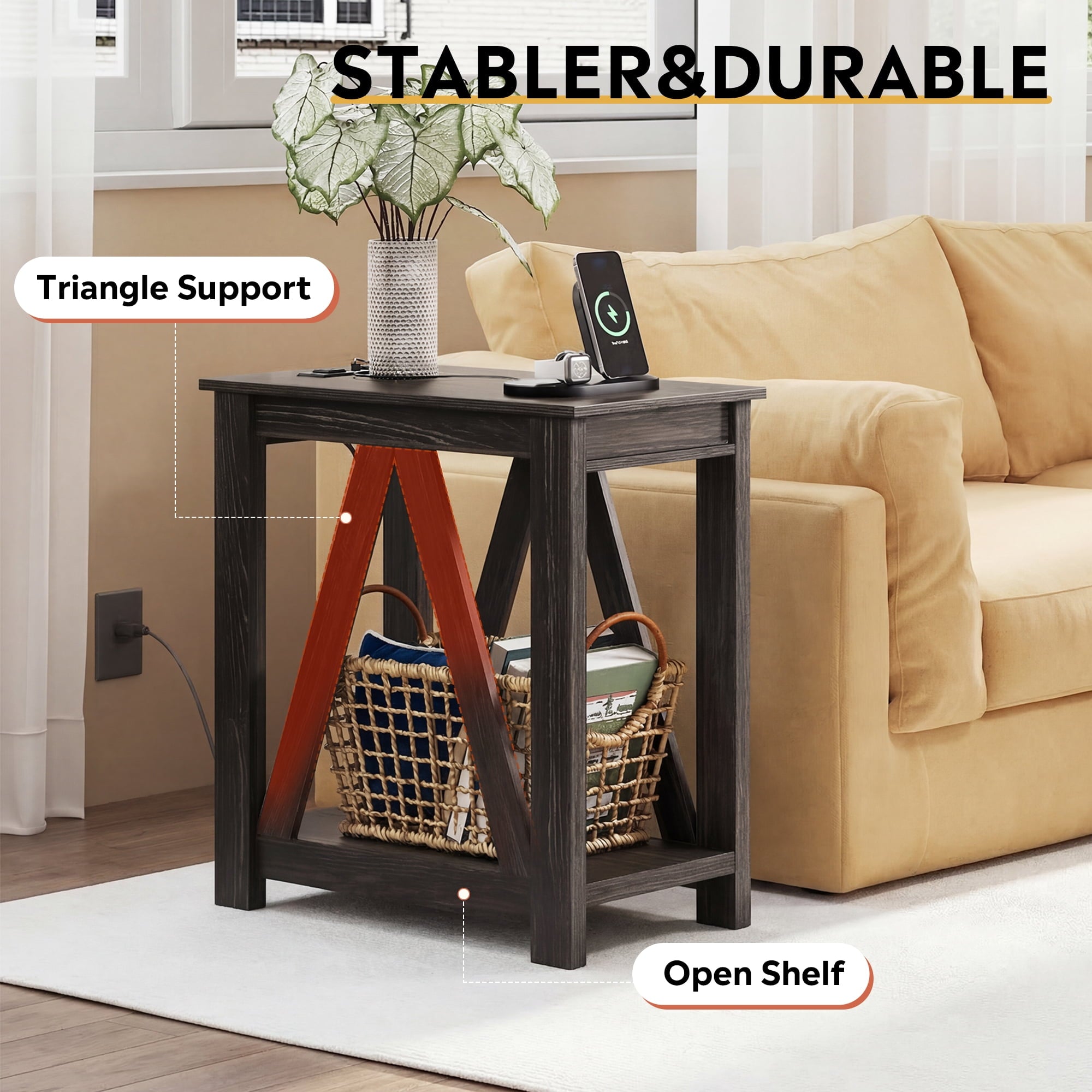 GALAXHERO Narrow End Table with Charging Station and Open Storage Shelf Sofa Side Table with 2 USB Ports and 2 Power Outlets, Slim Farmhouse End Table for Small Spaces, Bedroom, Living Room