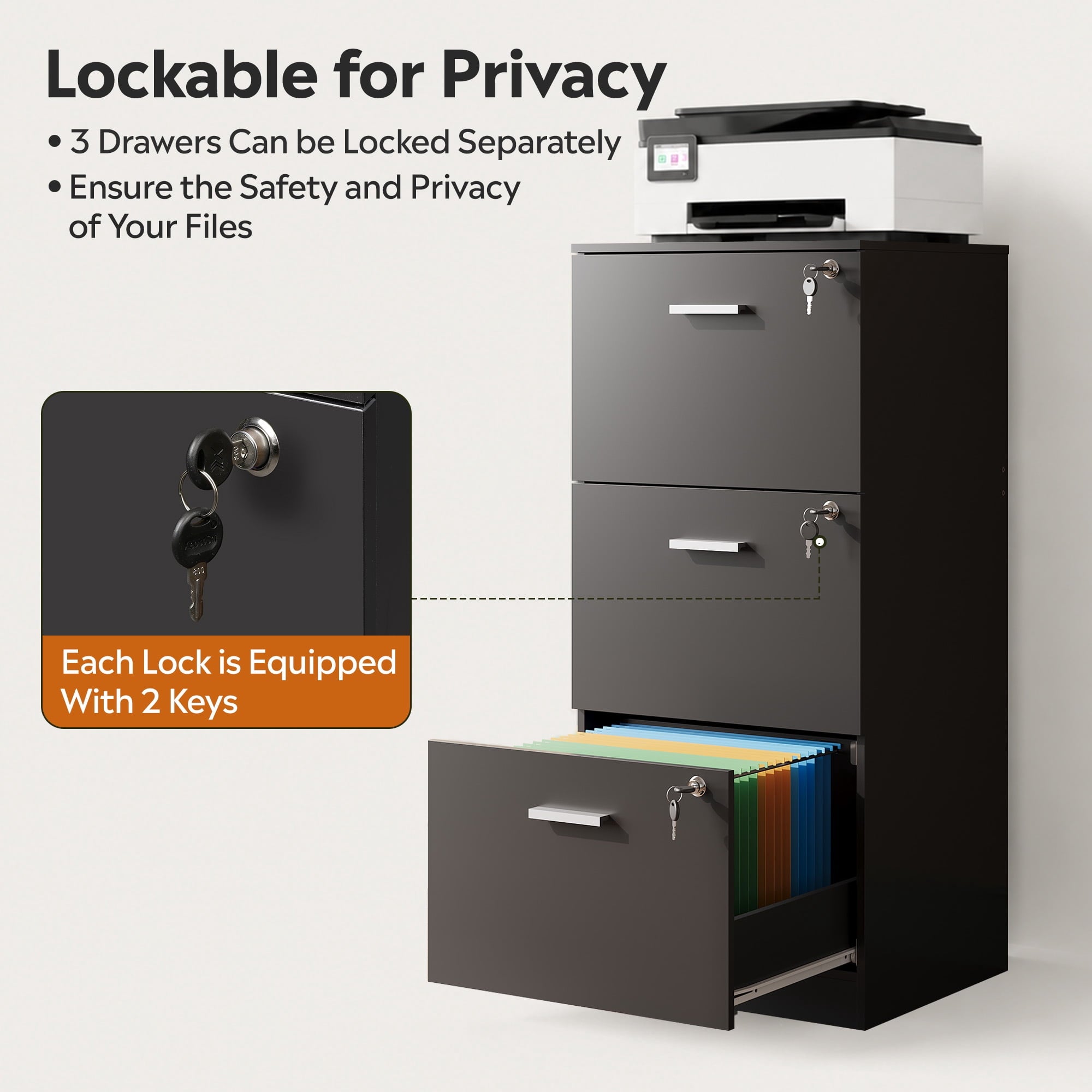 GALAXHERO 3-Drawer File Cabinet with Locks & Wood Printer Stand, Fits Letter/A4, Ideal for Home Office