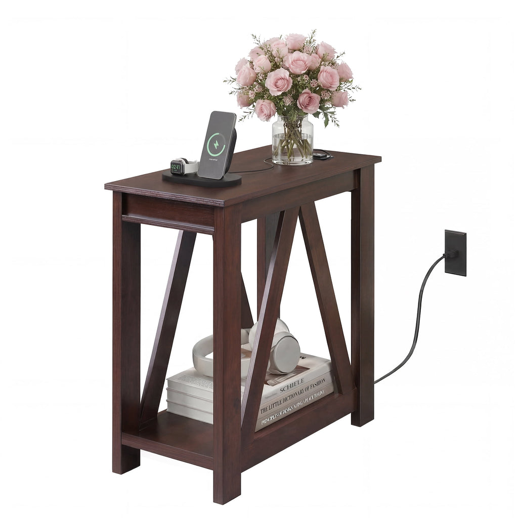 GALAXHERO Narrow End Table with Charging Station and Open Storage Shelf Sofa Side Table with 2 USB Ports and 2 Power Outlets, Slim Farmhouse End Table for Small Spaces, Bedroom, Living Room