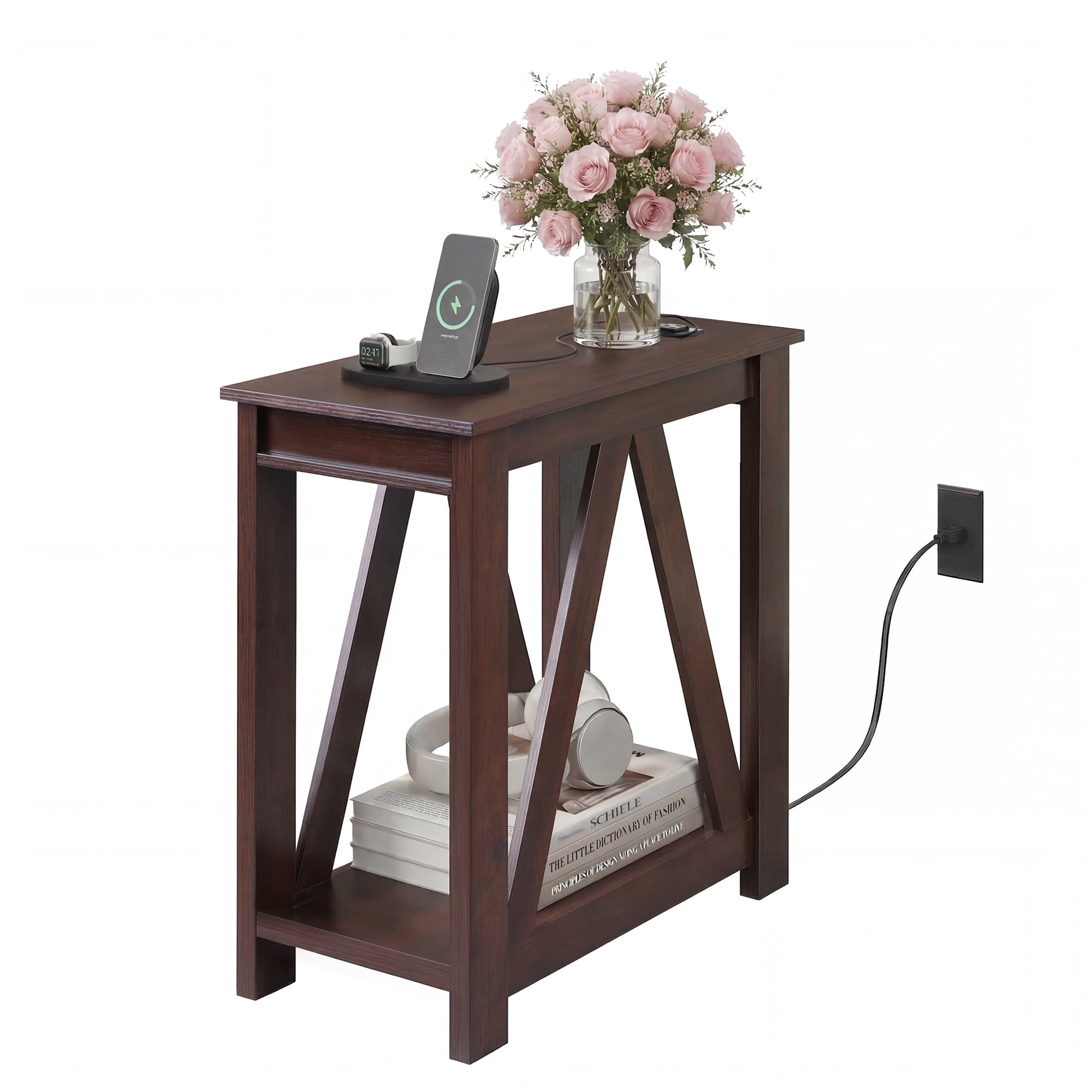 GALAXHERO Narrow End Table with Charging Station and Open Storage Shelf Sofa Side Table with 2 USB Ports and 2 Power Outlets, Slim Farmhouse End Table for Small Spaces, Bedroom, Living Room