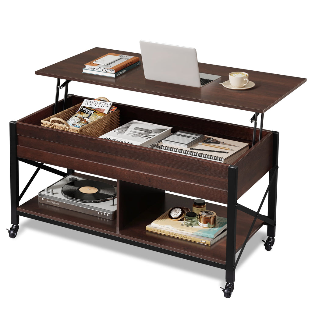 GALAXHERO Coffee Table, 41.3" Lift Top Coffee Table with 4 Wheels, Hidden Compartment, Storage Shelf and Lift Tabletop for Living Room, Reception Room