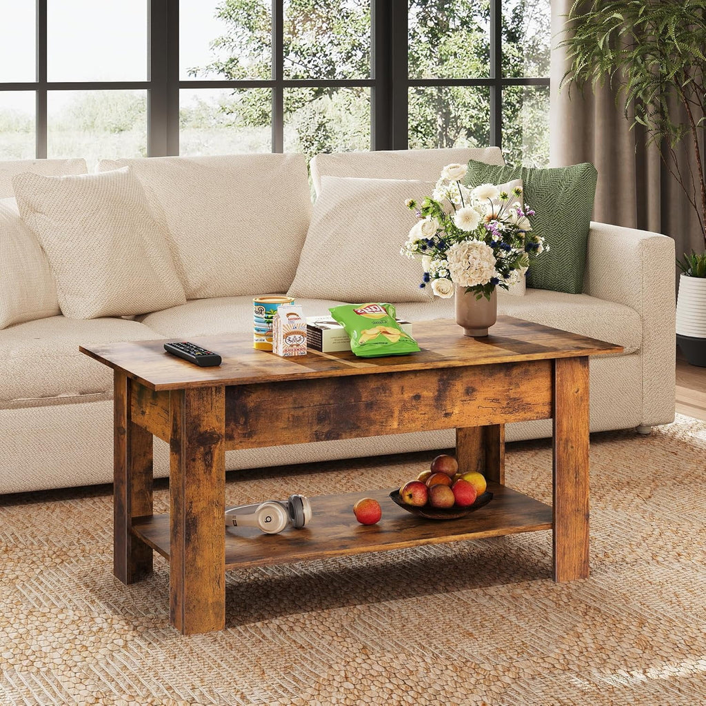 GALAXHERO 39" Lift Top Coffee Table with Storage Shelf & Hidden Compartment and Lifting Top for Home Living Room Office and Reception Room Rustic Brown