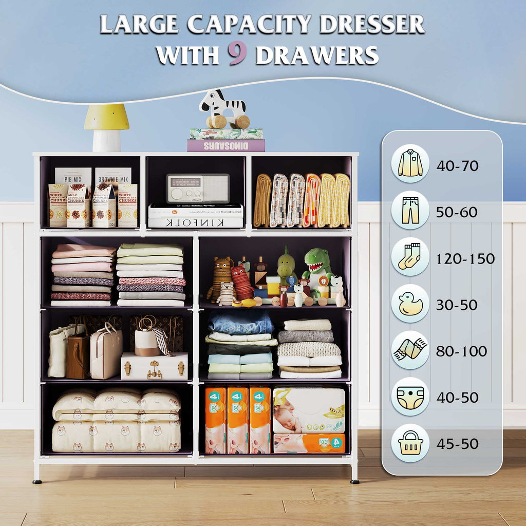 GALAXHERO 9-Drawer Fabric Dresser, Tall Storage Tower for Bedroom, Hallway, Entryway, Closet, Chest Organizer Unit with Fabric Bins, Steel Frame, Wood Top, Wood Grain Print