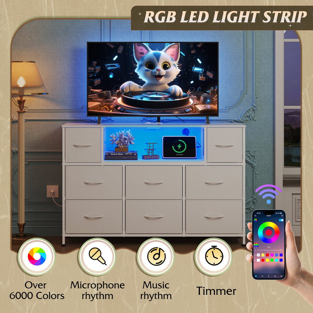 GALAXHERO 8-Drawer Dressers for Bedroom, Dresser TV Stand for 55'' TV with LED Lights and Power Outlets, Fabric Chest of Drawers for Living Room, Entryway
