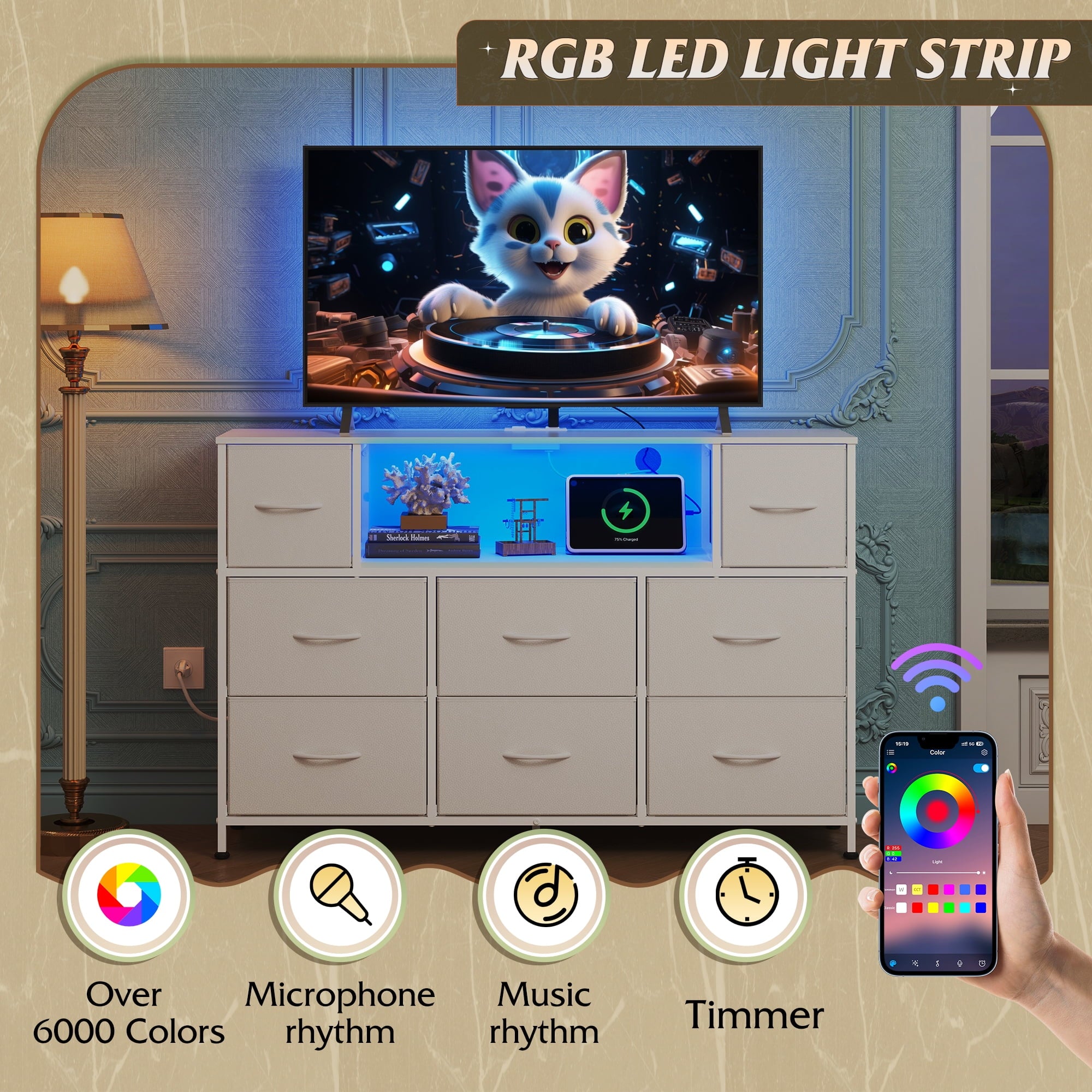GALAXHERO 8-Drawer Dressers for Bedroom, Dresser TV Stand for 55'' TV with LED Lights and Power Outlets, Fabric Chest of Drawers for Living Room, Entryway