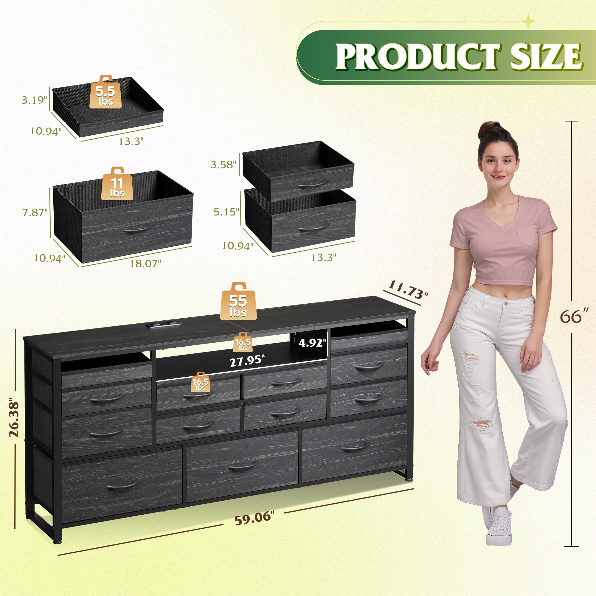 GALAXHERO 13 Drawers Dresser for Bedroom, TV Stand for 65'' TV with LED Lights, Entertainment Center with Charging Station, Fabric Chest of Drawers for Living Room, Entryway