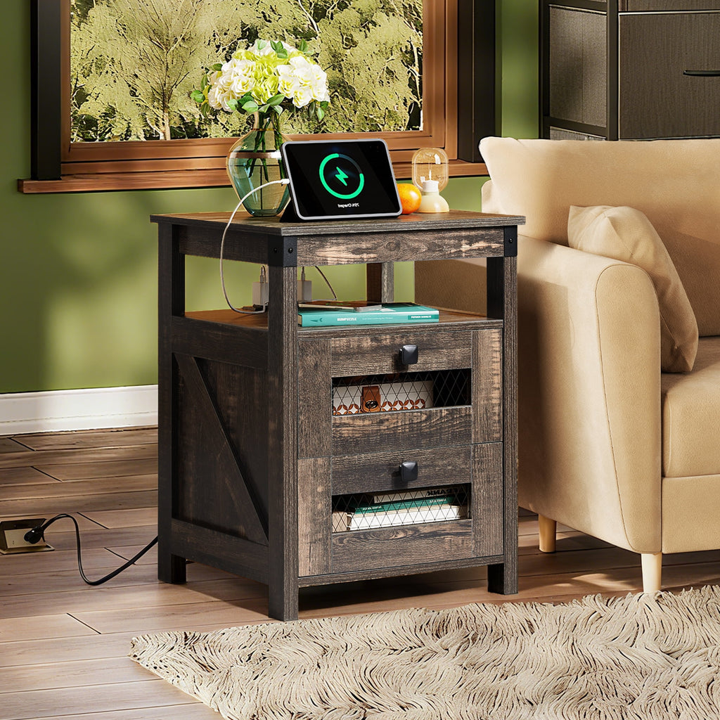 GALAXHERO Nightstand with Charging Station, Farmhouse End Table, Bed Side Table with 2 Storage Drawers and Open Shelf, Wood Rustic Nightstands for Bedroom