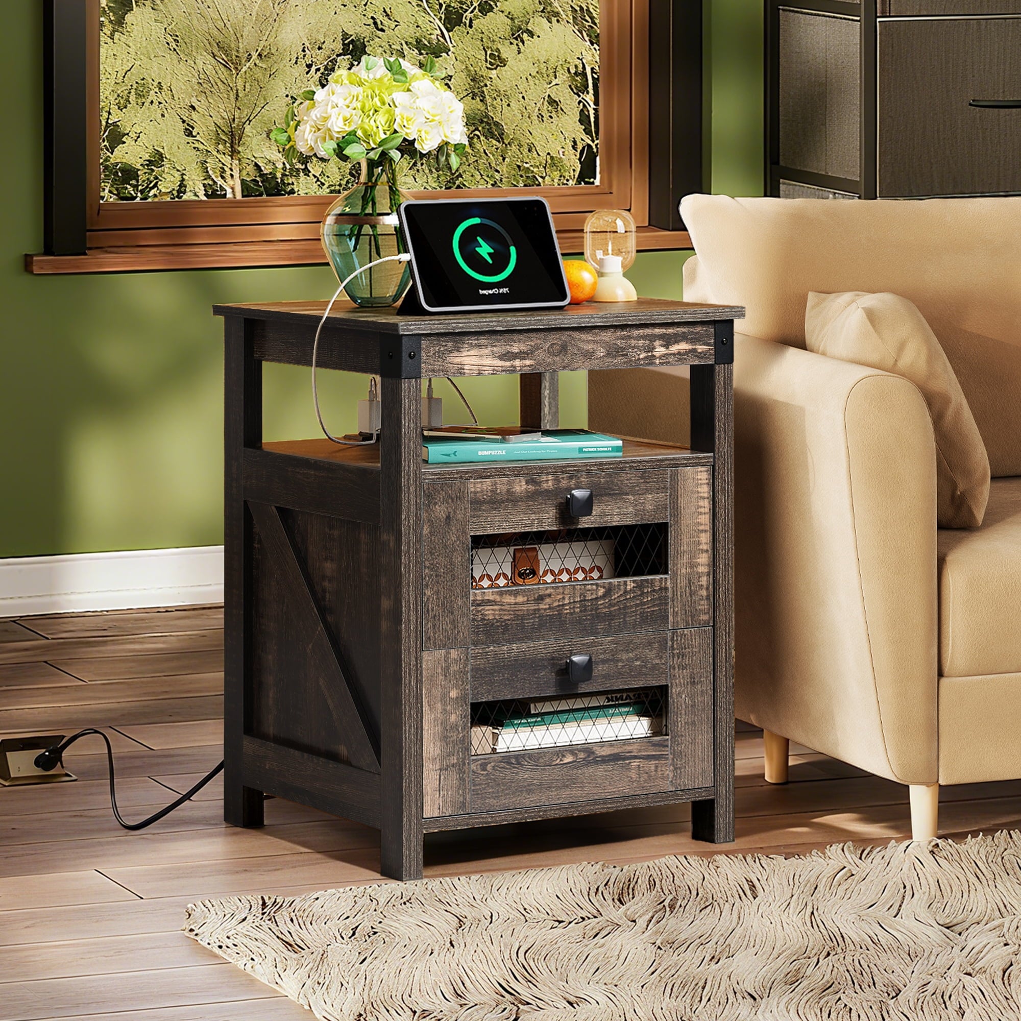 GALAXHERO Nightstand with Charging Station, Farmhouse End Table, Bed Side Table with 2 Storage Drawers and Open Shelf, Wood Rustic Nightstands for Bedroom