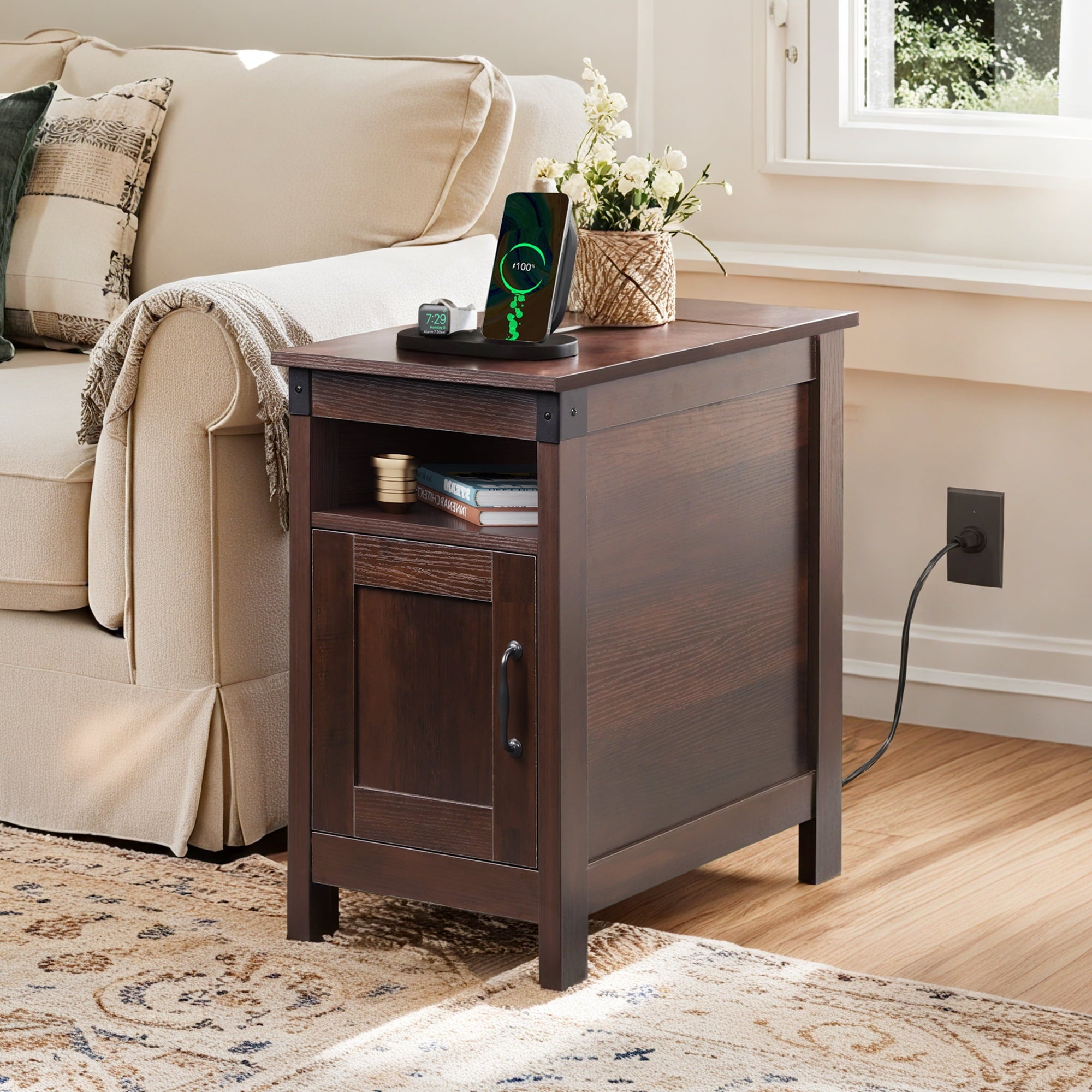 GALAXHERO Side Table with Charging Station Narrow End Table with Storage Night Stand with USB Ports and Outlets Small Wooden Cabinet for Living Room and Bedroom