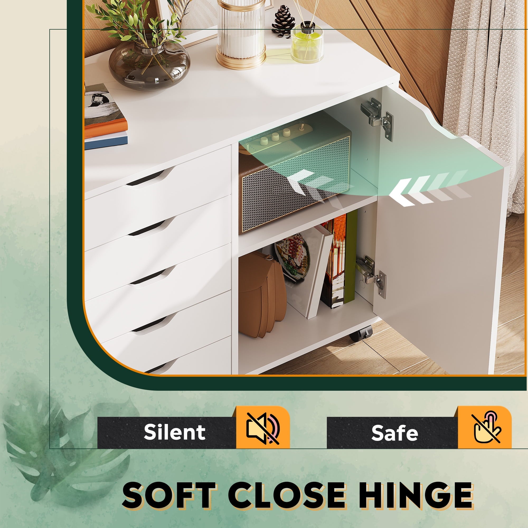 GALAXHERO 5 Drawer Wood File Cabinet, Mobile Printer Stand with Storage and Door for Home Office