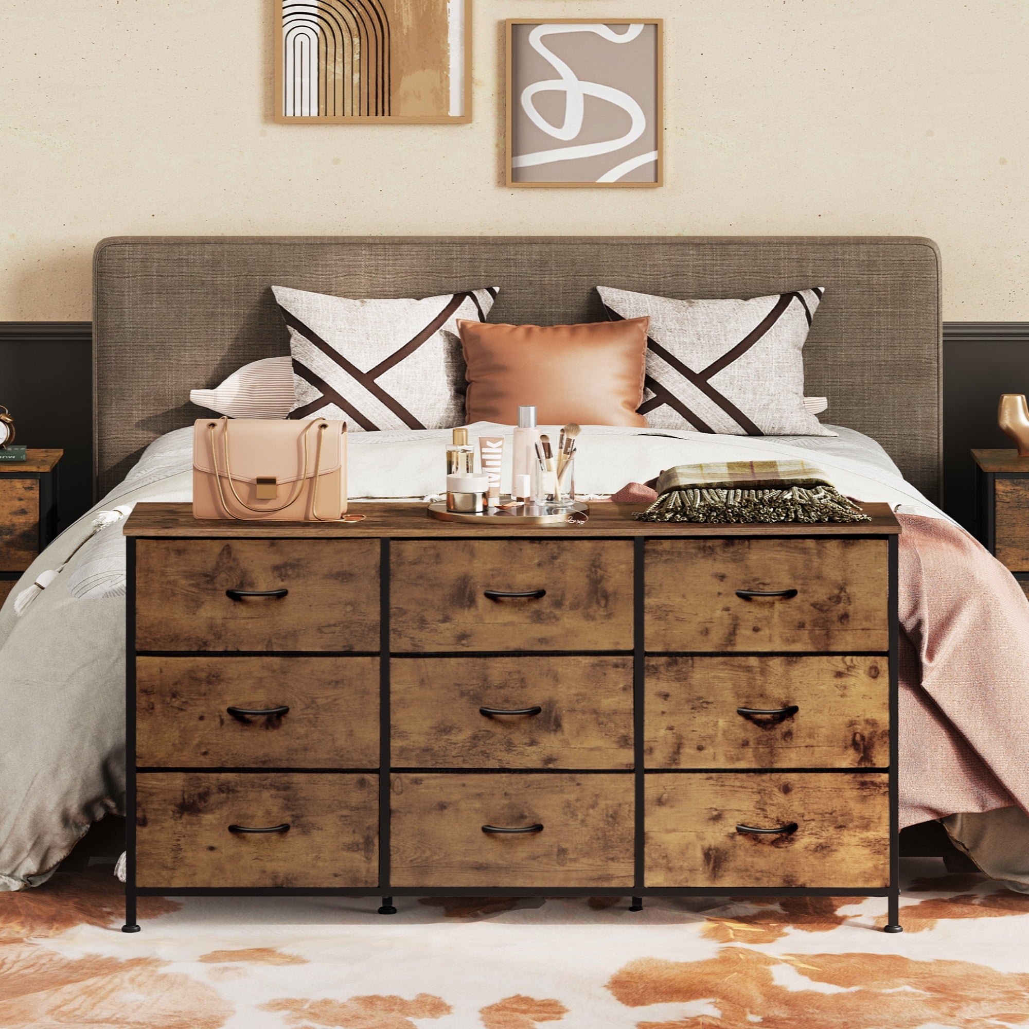 GALAXHERO Fabric Dresser for Bedroom, 9 Drawers Dresser with Wood Top, TV Stand for 55'' TV,  Chest of Drawers for Closet, Living Room,  47''W