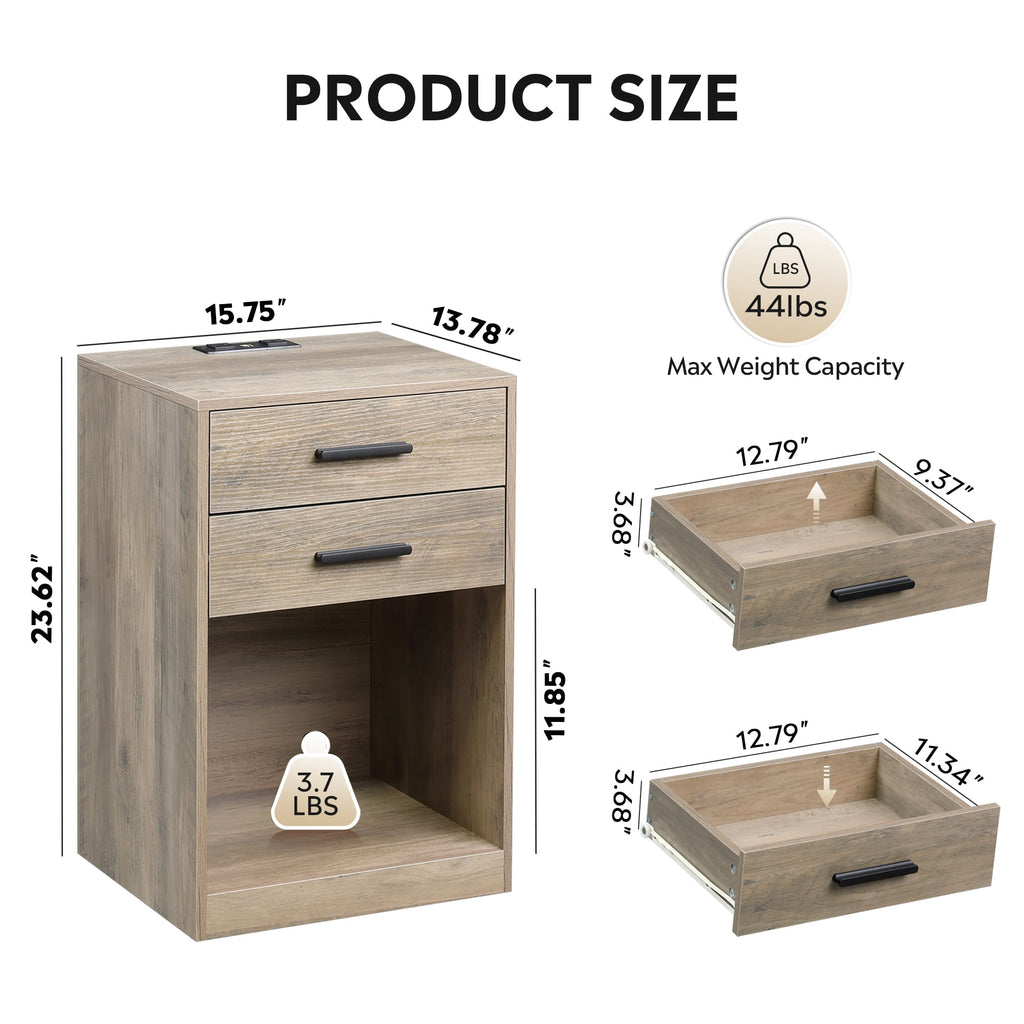 GALAXHERO Nightstand Set of 2 with Charging Station and 2 Drawers, Wood Bedside Table End Table with Open Shelf for Bedroom, Living Room