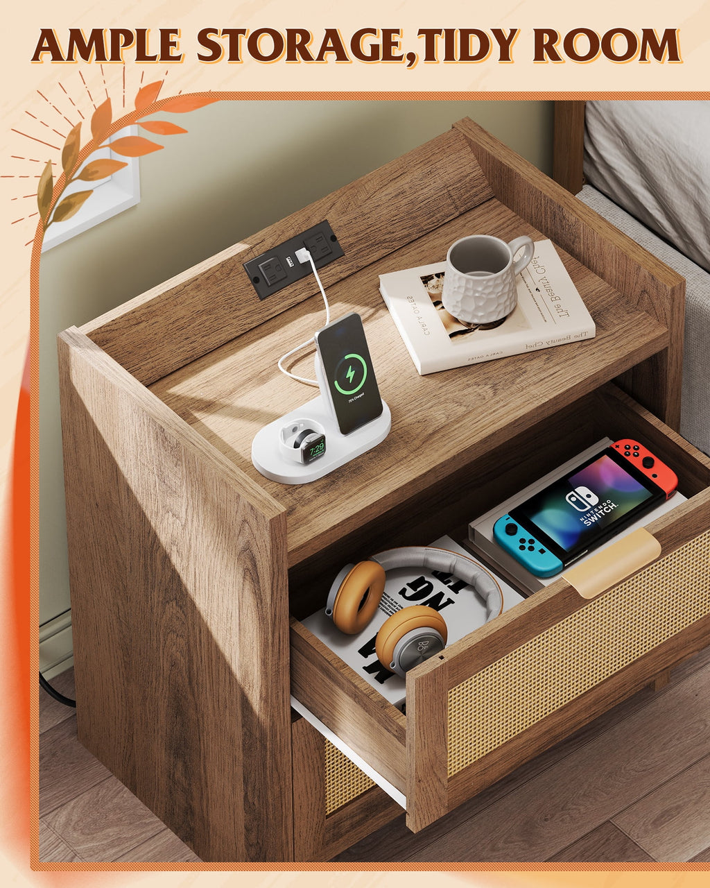 GALAXHERO Nightstand with Charging Station, Boho Rattan Bedside Tables, 2 Drawers End Table for Bedroom, Living Room, Natural Oak