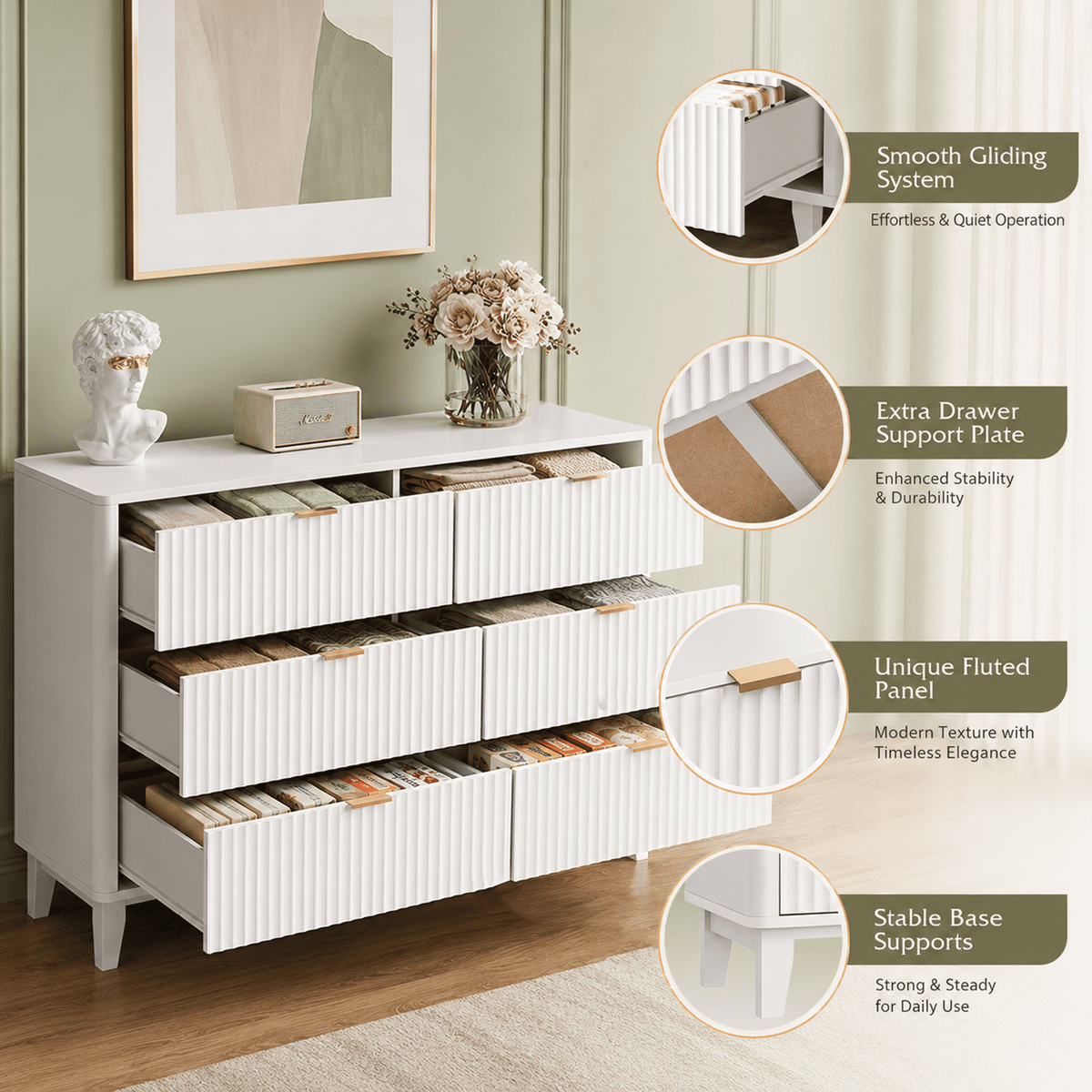 GALAXHERO 6 Drawer Dresser for Bedroom, Wide Chest of Drawers, Fluted Wood Dresser, TV Stand for 55 inch TV, Storage Cabinet for Living Room, Hallway