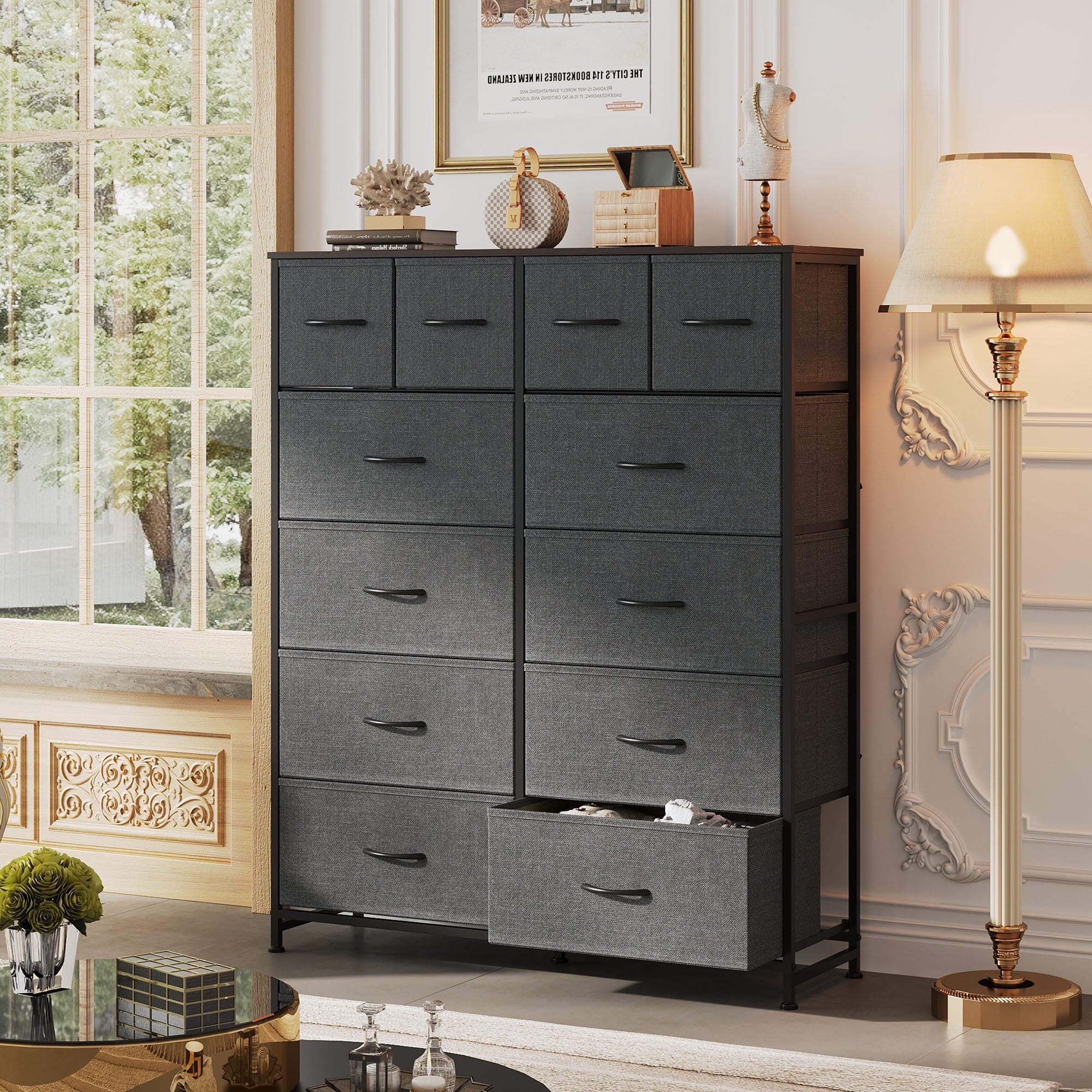 GALAXHERO 12-Drawer Tall Fabric Dresser with Wood Top and Steel Frame, Storage Chest of Drawers for Bedroom, Closet, Dark Grey