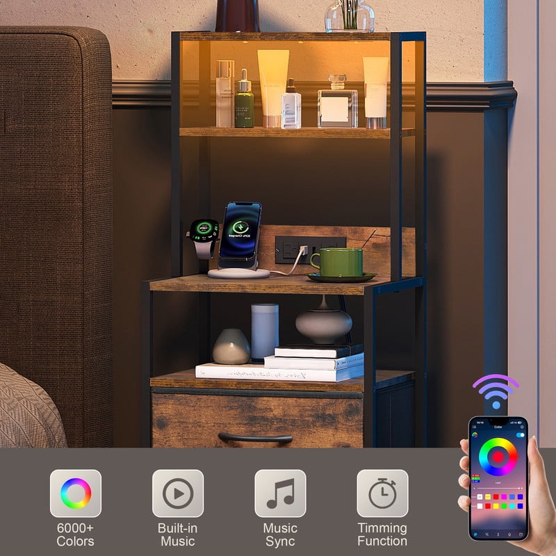 GALAXHERO Dresser for Bedroom, 4 Drawer Nightstand with Charging Station,Tall Bedside Table with LED & Open Shelf,End Table with Storage,