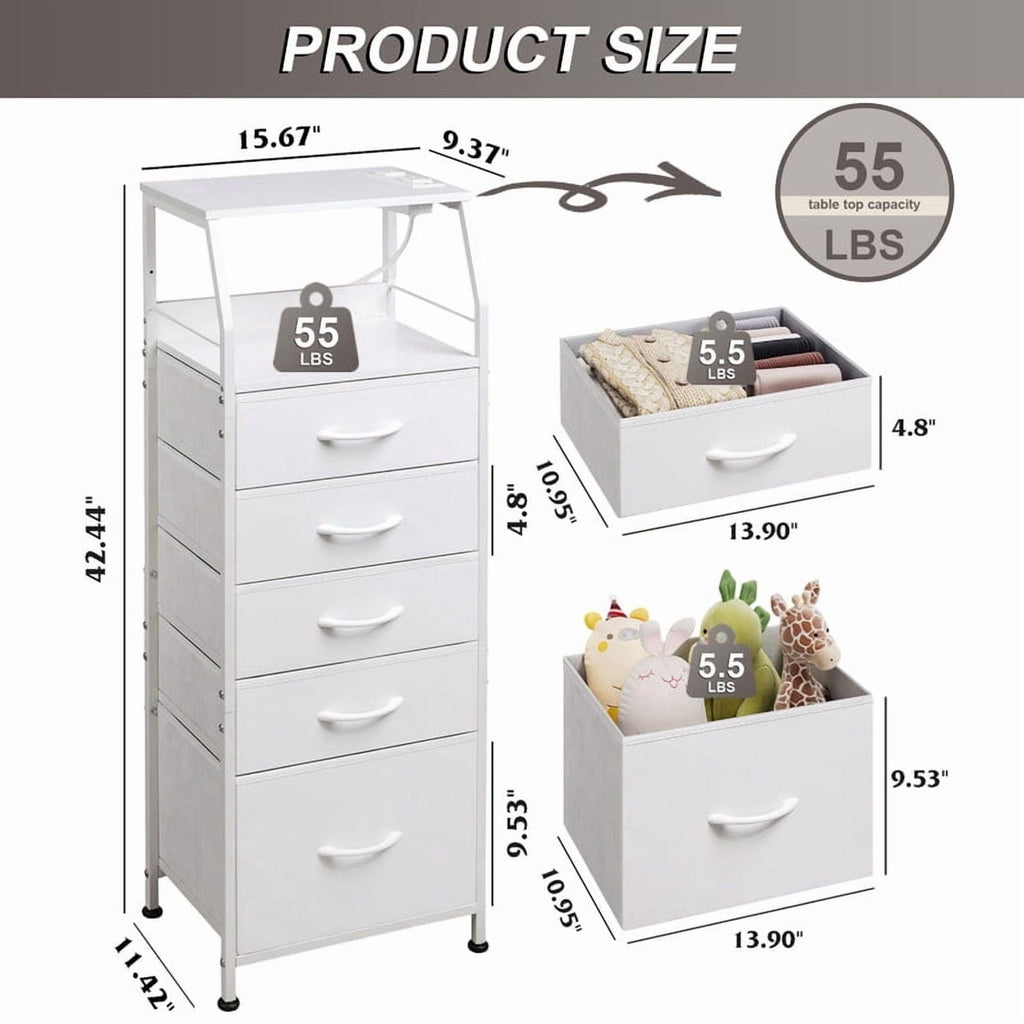 GALAXHERO Dresser for Bedroom, 5 Drawer Nightstand with Charging Station,Tall Bedside Table with LED and Open Shelf
