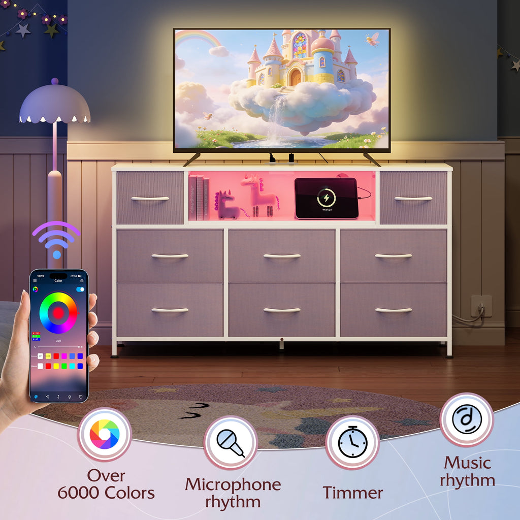 GALAXHERO 8-Drawer Dressers for Bedroom, Dresser TV Stand for 55'' TV with LED Lights and Power Outlets, Fabric Chest of Drawers for Living Room, Entryway