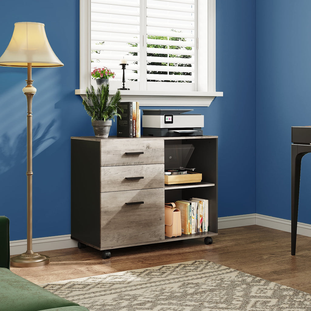 GALAXHERO 3-Drawer Filing Cabinet, Mobile Lateral File Cabinet, Printer Stand with Open Shelves, Wood Office Cabinet