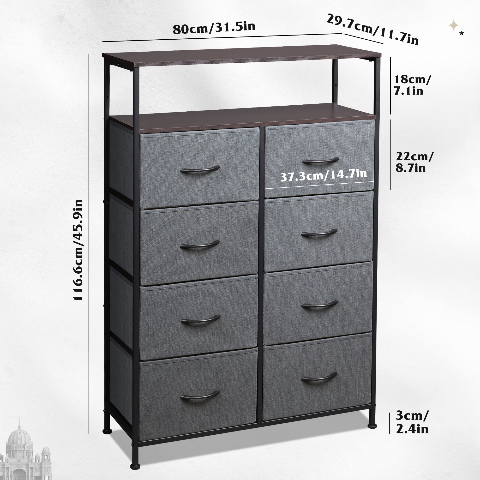 GALAXHERO 8 Drawer Dresser for Bedroom, Open Storage Shelves, Wooden Top, Fabric Bins for Closet, Living Room, Hallway