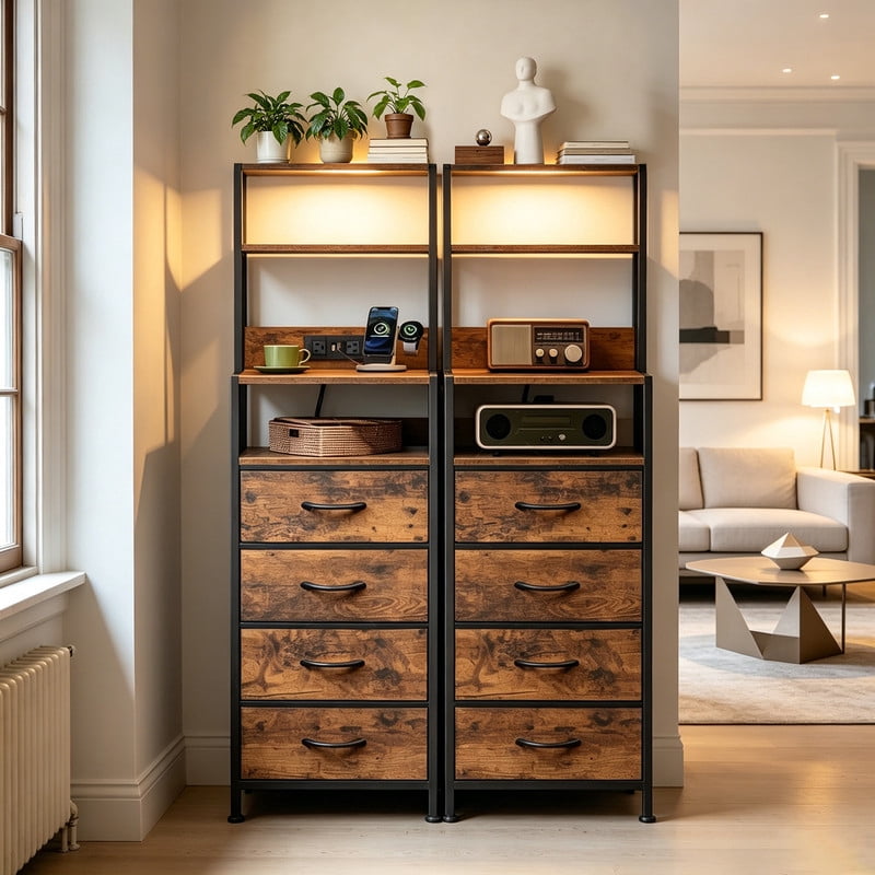 GALAXHERO Dresser for Bedroom, 4 Drawer Nightstand with Charging Station,Tall Bedside Table with LED & Open Shelf,End Table with Storage,