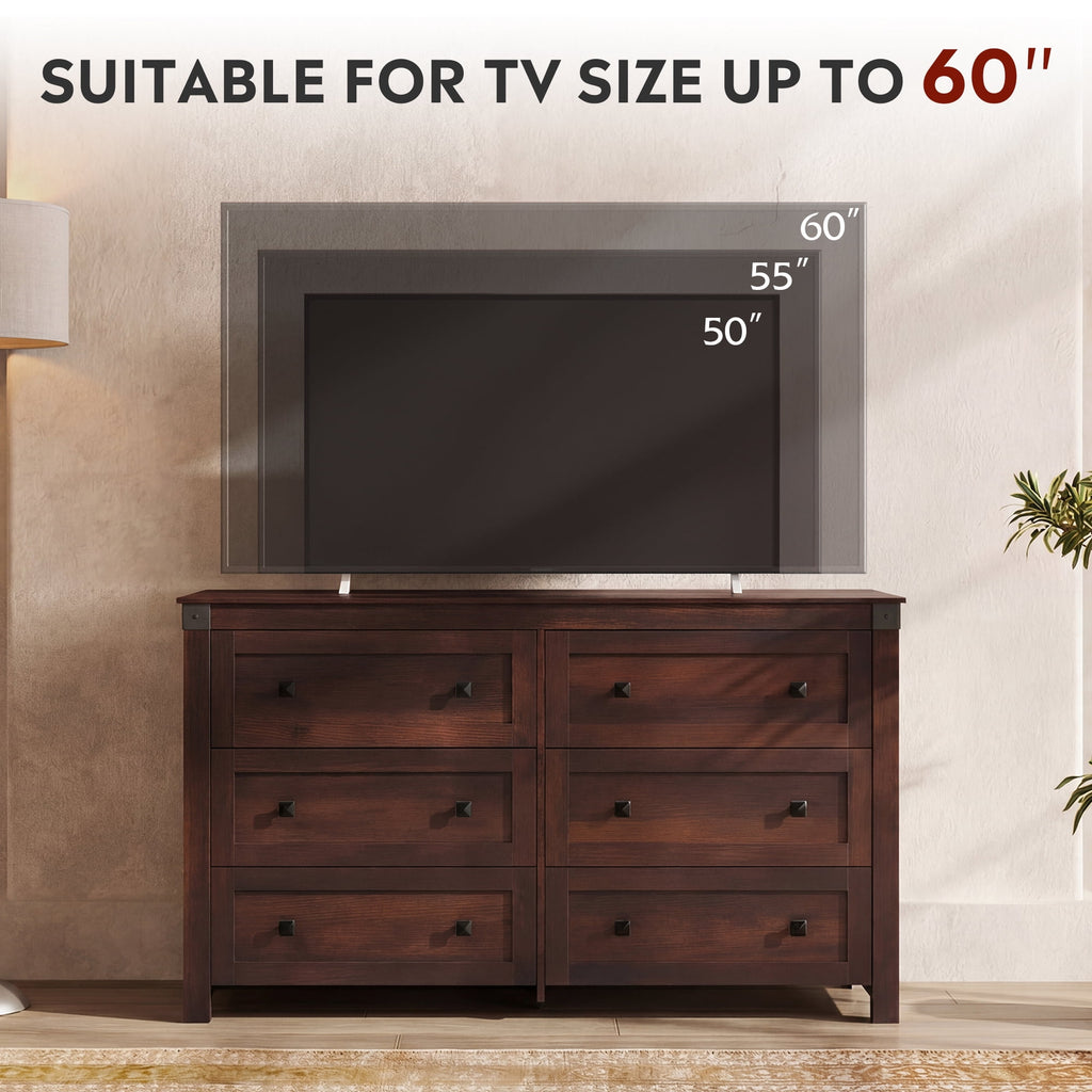 GALAXHERO Farmhouse 6 Drawer Dresser, Wood Dresser with Double Rustic Handles, TV Stand for 60" TV for Living Room, 53.07'' Wide Chest of Drawers for Bedroom, Hallway