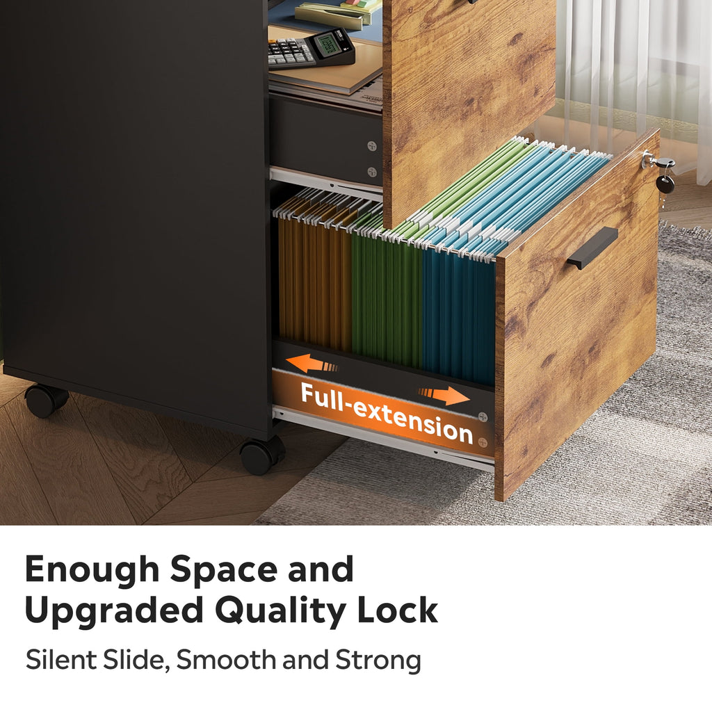 GALAXHERO 2 Drawer Filing Cabinet with Lock, Wooden Printer Stand with Storage for Home Office, Mobile Locking File Cabinet Fits Letter/A4 Hanging Files