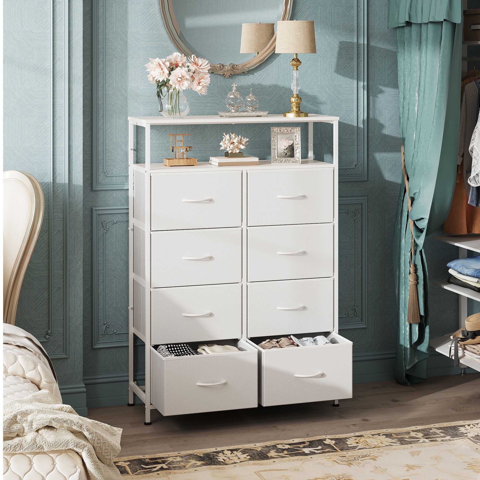 GALAXHERO 8 Drawer Dresser for Bedroom, Open Storage Shelves, Wooden Top, Fabric Bins for Closet, Living Room, Hallway