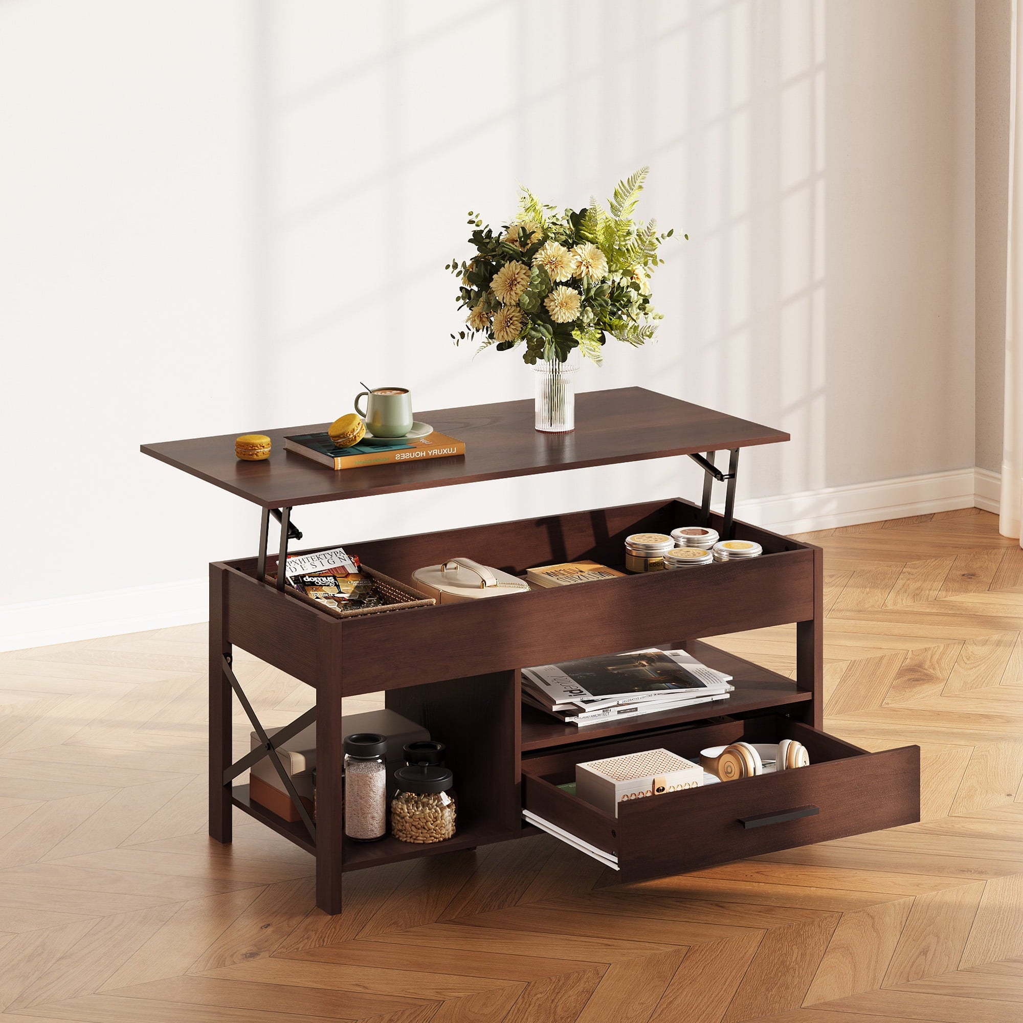 GALAXHERO Coffee Table, 39" Lift Top Coffee Table with Hidden Compartment, Storage Drawers and Storage Shelf for Living Room, Reception Room