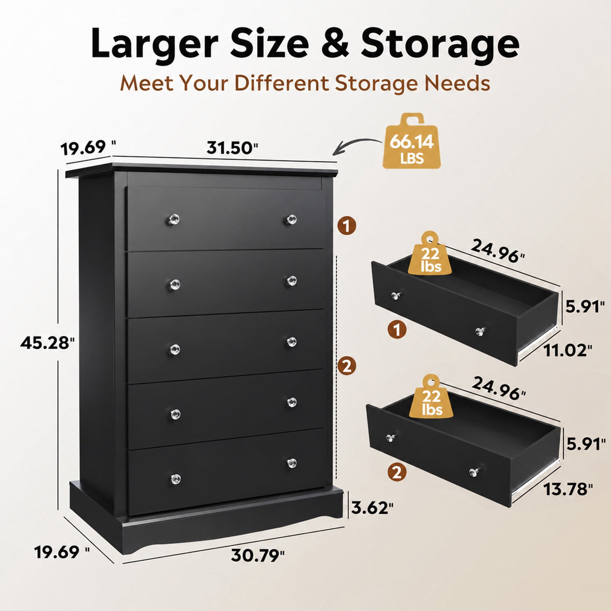 GALAXHERO 5 Drawer Dresser for Bedroom, Retro Wood Chest of Drawers, Tall Dresser with Round Metal Handle for Living Room, Hallway, Closet