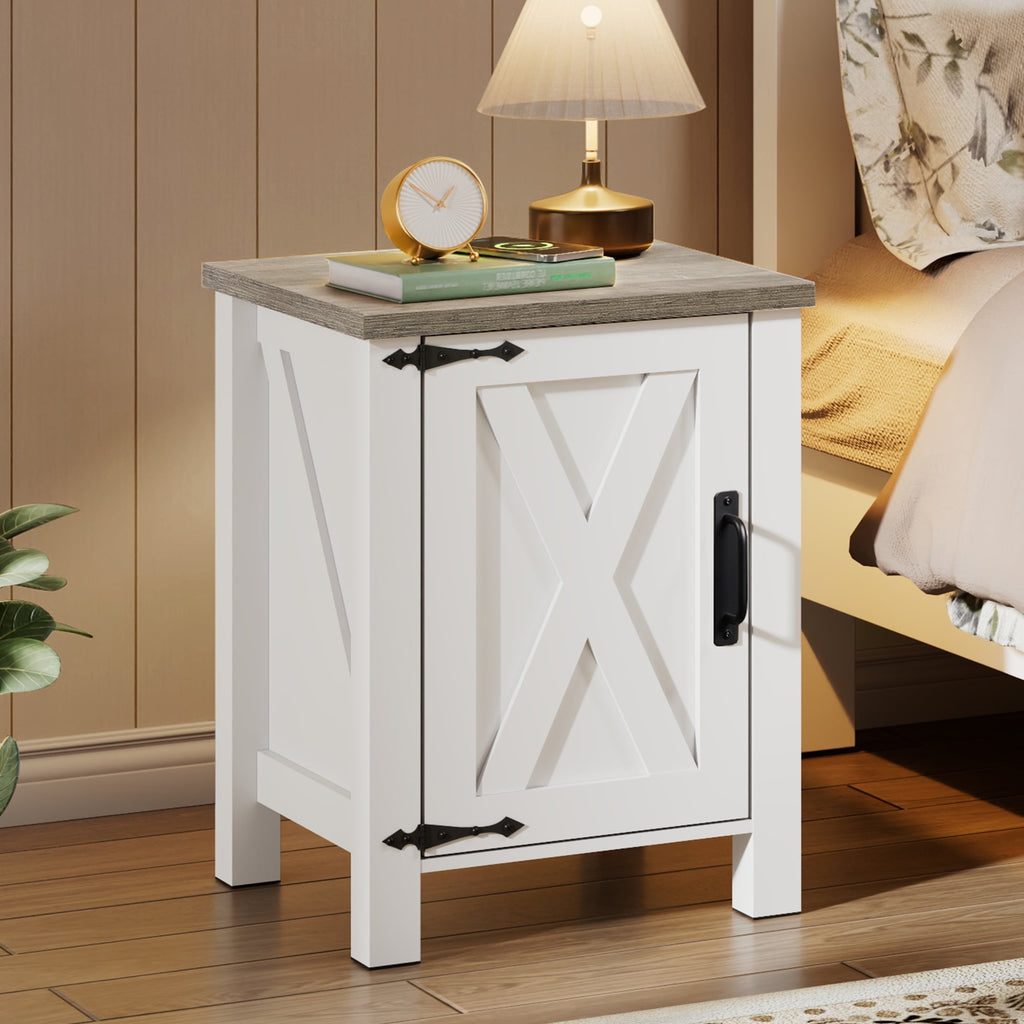 GALAXHERO Nightstand with Charging Station, Farmhouse Narrow Side Table with Barn Door, Wooden Bedside Table for Bedroom, End Tables for Living Room