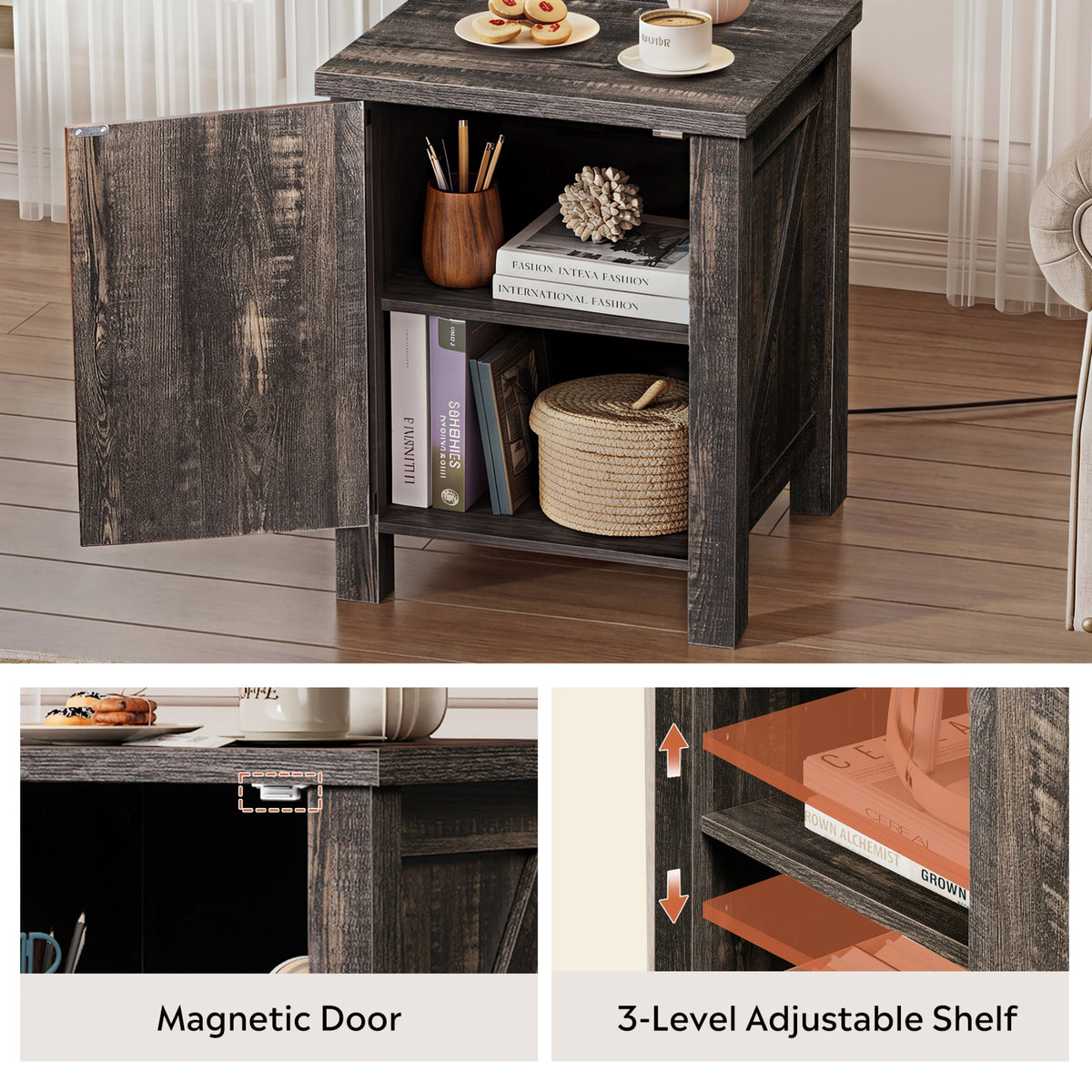 GALAXHERO Narrow Nightstand with Charging Station, Farmhouse Barn Door Wood Bedside Table & End Table with Storage for Bedroom, Living Room,Dorm