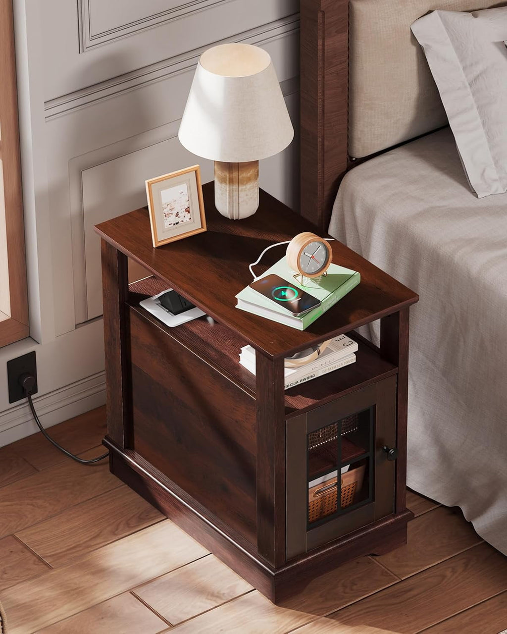 GALAXHERO Farmhouse End Table with Charging Station Narrow Side Table for Living Room Night Stand with Storage, Nightstand with USB Ports and Outlets for Bedroom Espresso