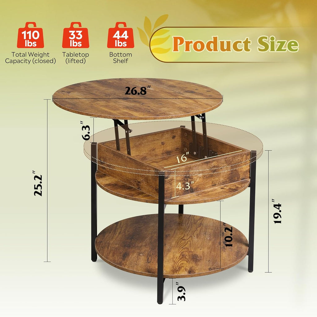 GALAXHERO Round Lift Top Coffee Table with Hidden Compartment and Storage Shelf, Farmhouse Small Coffee Table with 2 Tier for Living Room