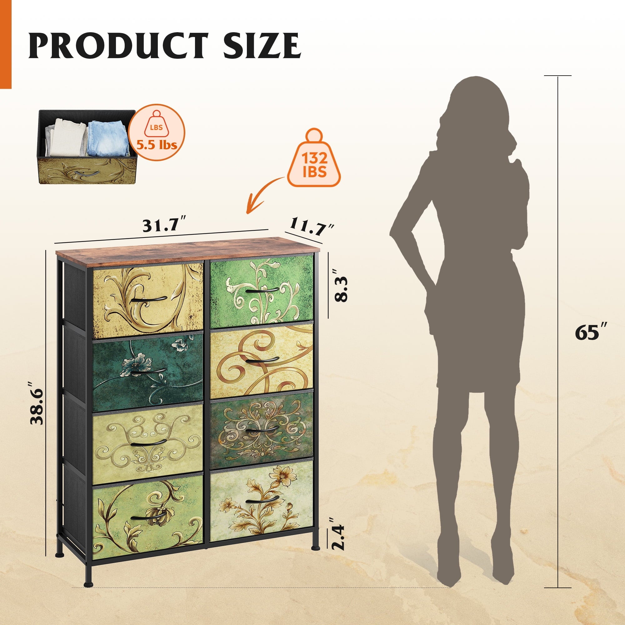 GALAXHERO 8 Drawer Fabric Dresser for Bedroom, Storage Bins Chest of Drawer for Closet, Living Room, Hallway