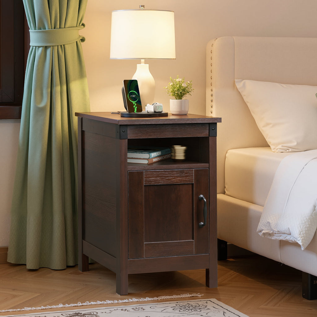 GALAXHERO Side Table with Charging Station Narrow End Table with Storage Night Stand with USB Ports and Outlets Small Wooden Cabinet for Living Room and Bedroom