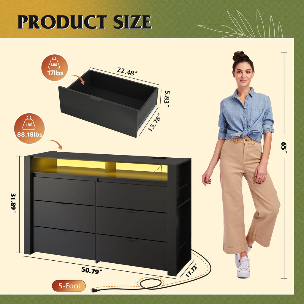 GALAXHERO 6 Drawer Dresser for Bedroom with LED Lights, Double Dresser with Charging Station, Large Wood Chest of Drawers, TV Stand for 55 inch TV for Closet, Living Room
