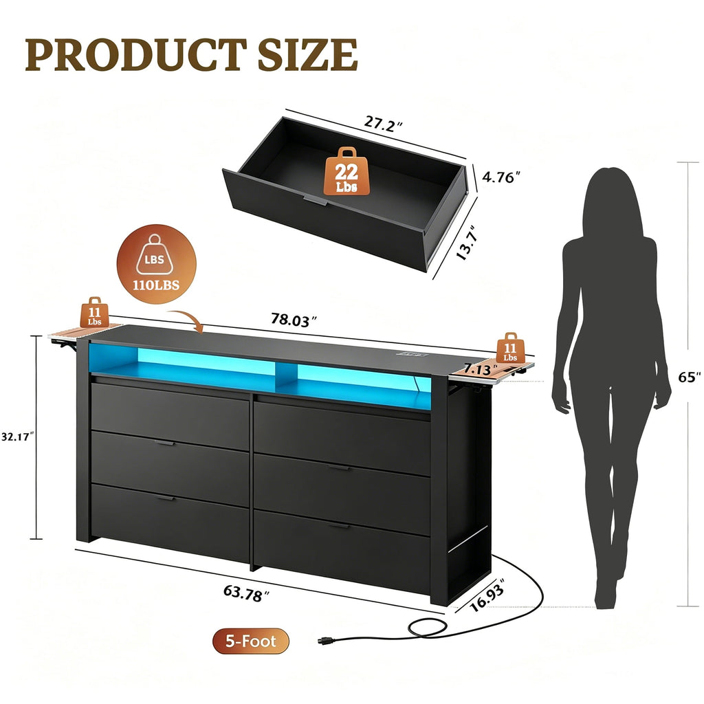 GALAXHERO 6 Drawer Dresser with LED Lights, Modern Dresser with Charging Station, Large Wood Chest of Drawers with Flexible Shelves and Hanging Rack for Bedroom, Closet, Living Room