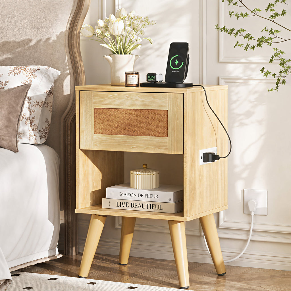 GALAXHERO Nightstand Set of 2 with Charging Station, Boho Rattan Bedside Table with Drawer,End Table With Open Shelf for Bedroom Living Room Dorm