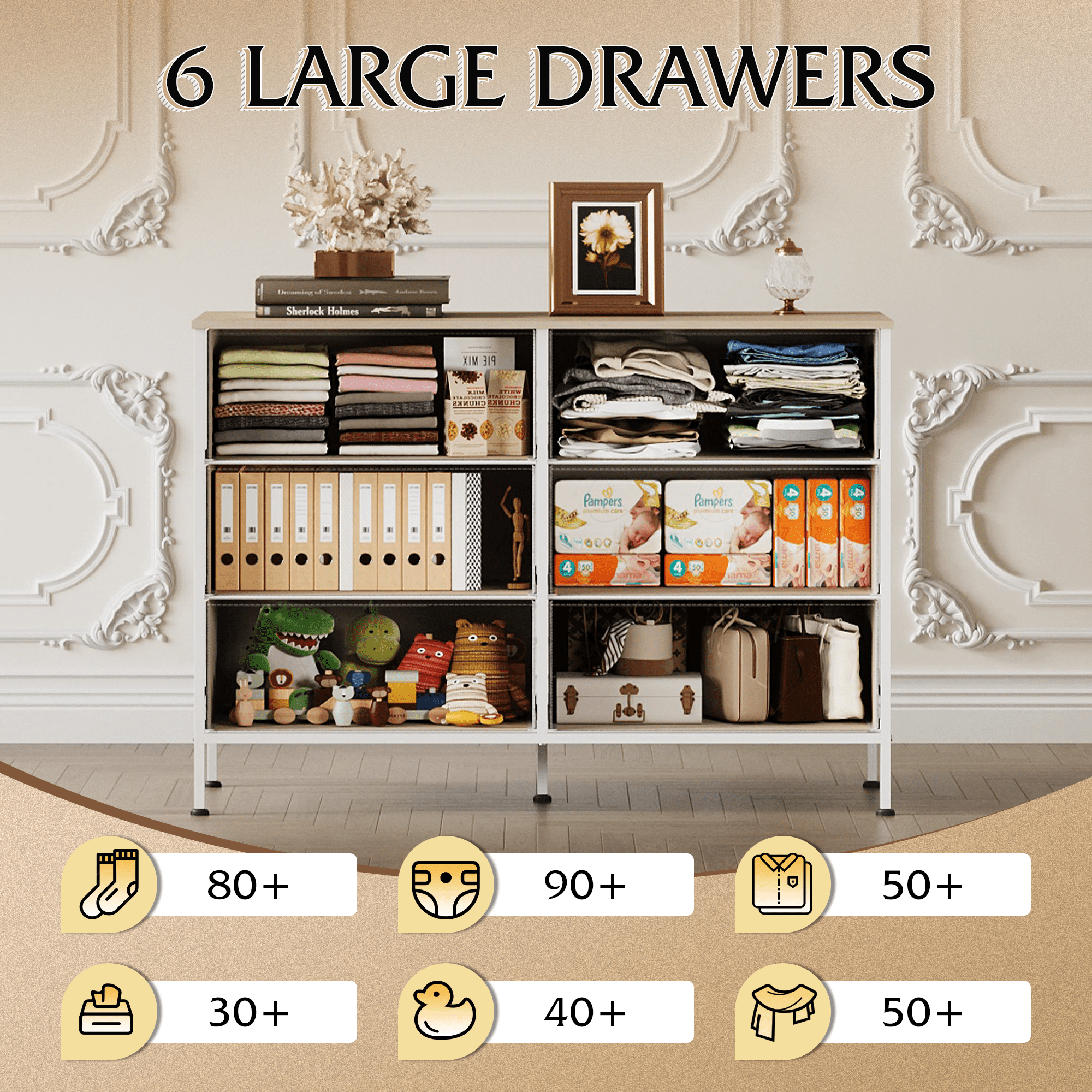 GALAXHERO 6-Drawer Fabric Dresser, 50-Inch TV Stand Wide Chest of Drawers for Bedroom, Closet, Living Room